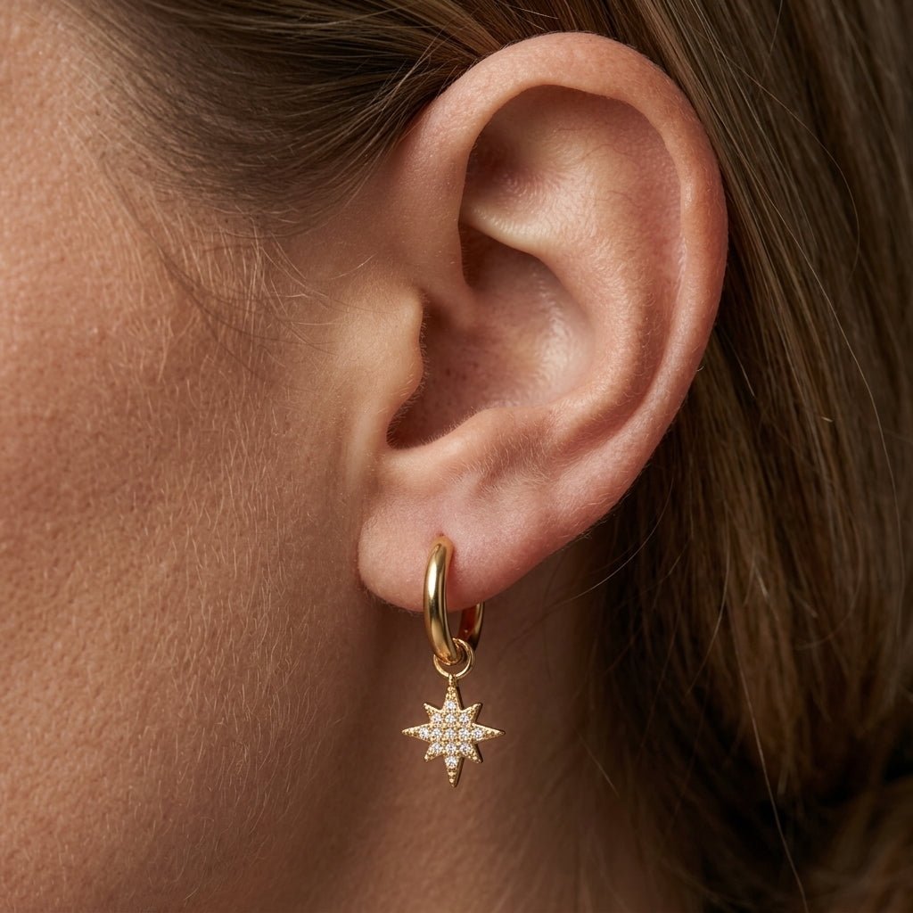 north star drop earrings gold hoop earrings with sparkling north star charm celestial jewelry dainty earrings modern gold jewelry