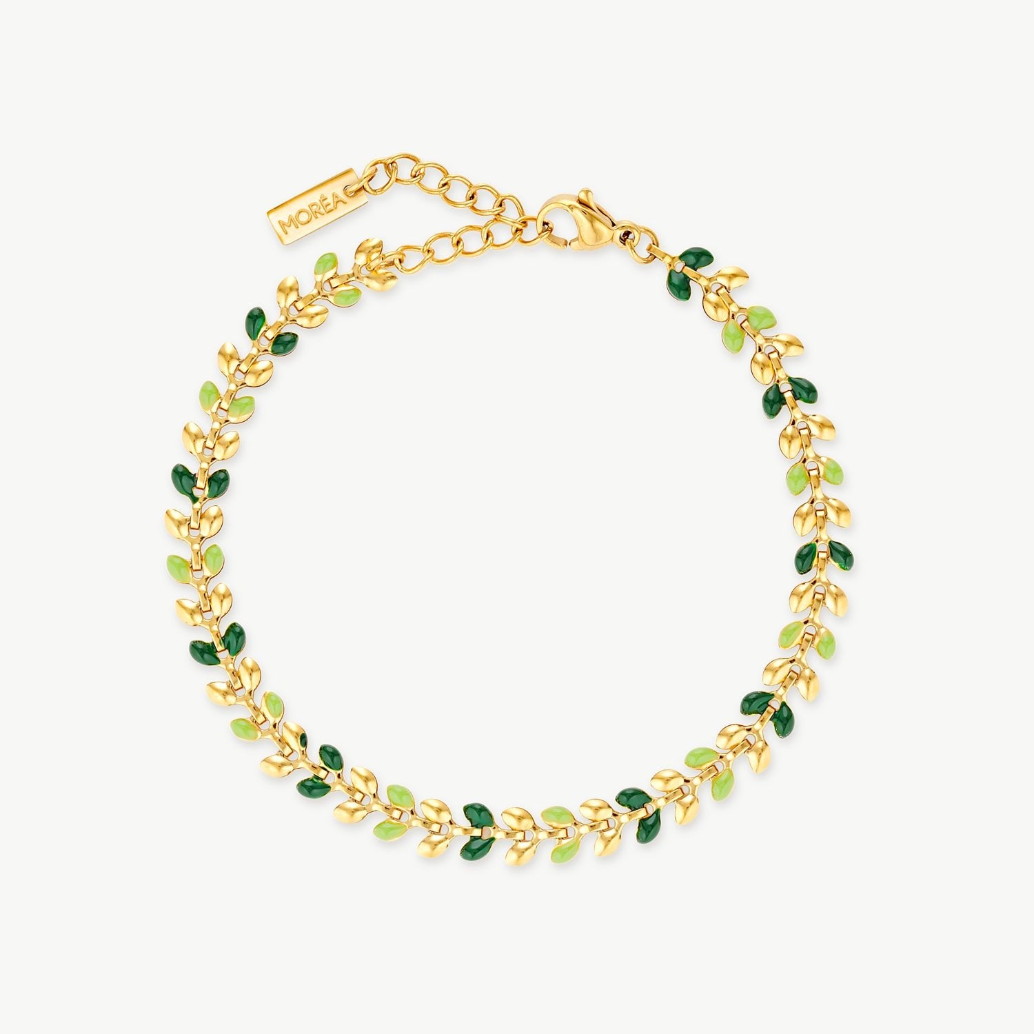 olive branch bracelet with delicate gold leaves and green detailing inspired by botanical jewelry and luxury nature styling
