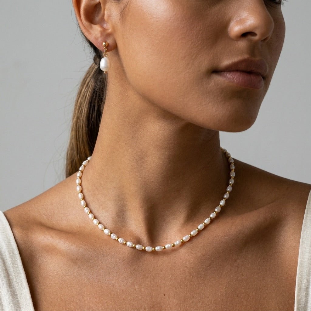 pearl and gold bead necklace with delicate freshwater pearls