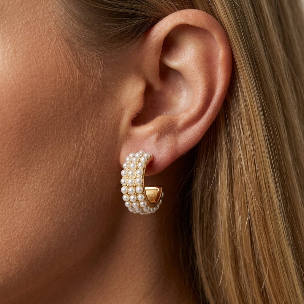 pearl and gold hoop earrings chunky pearl huggie earrings with gold tone finish vintage inspired jewelry elegant bridal style earrings