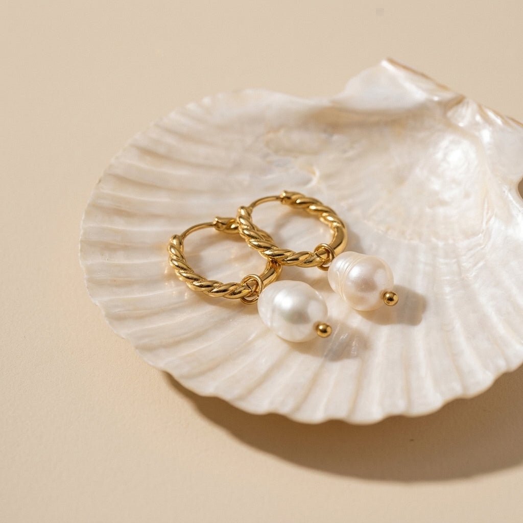 pearl hoop earrings twisted gold hoop earrings with pearl drop charms elegant jewelry bridal earrings minimalist bridal bridesmaid gold jewelry