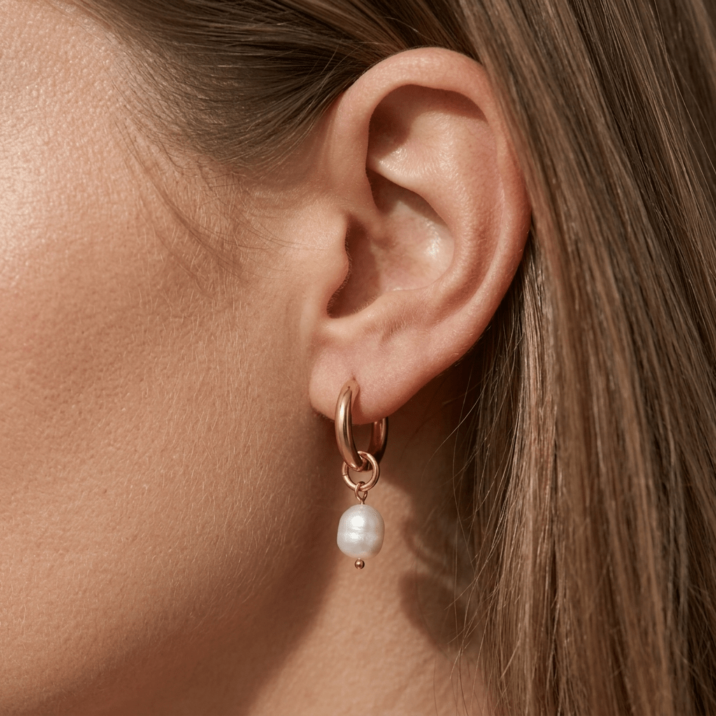 pearl hoop earrings featuring luminous freshwater pearl drop charms suspended from polished gold hoops with an elegant minimalist jewelry design