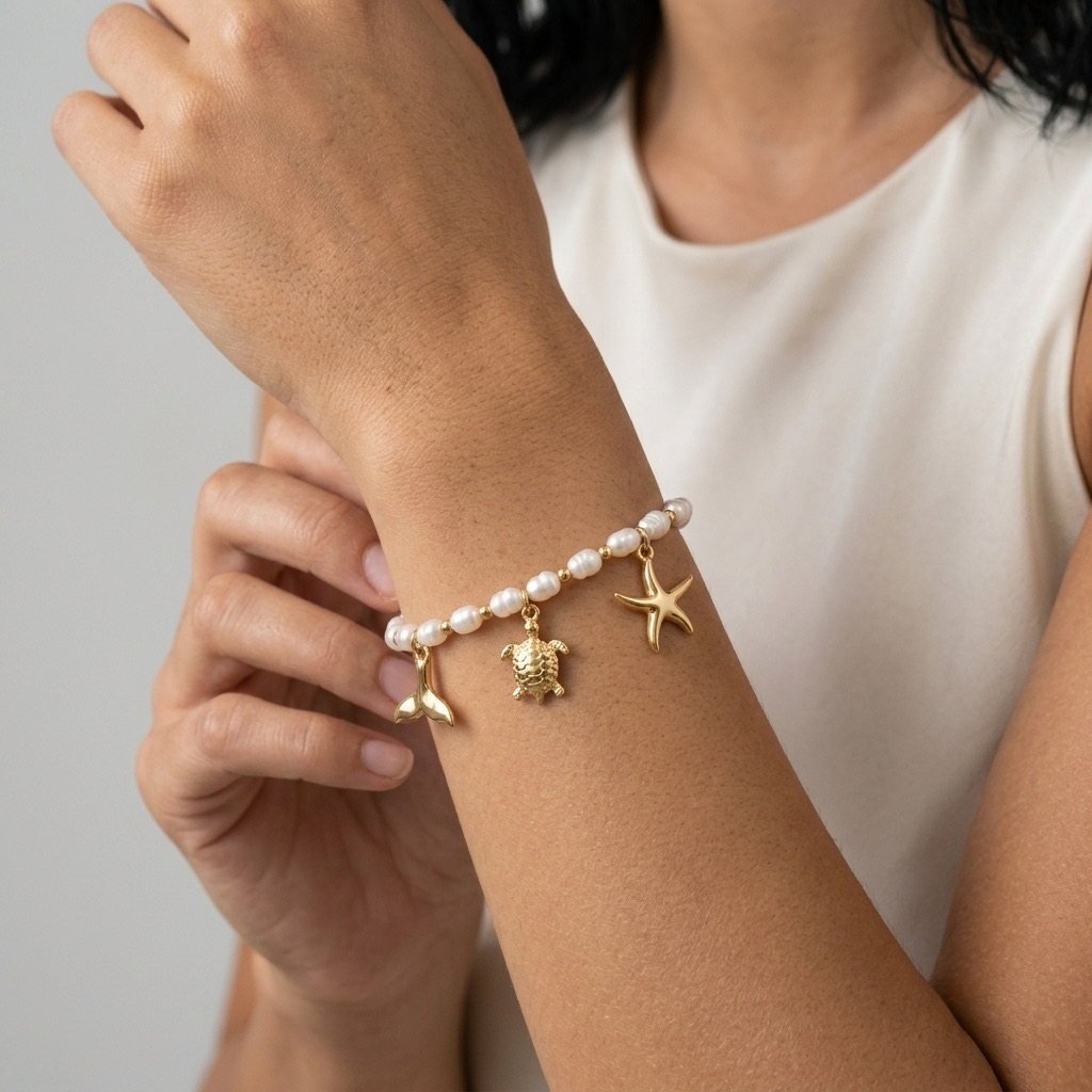 pearl ocean charm bracelet for women with gold sea life pendants