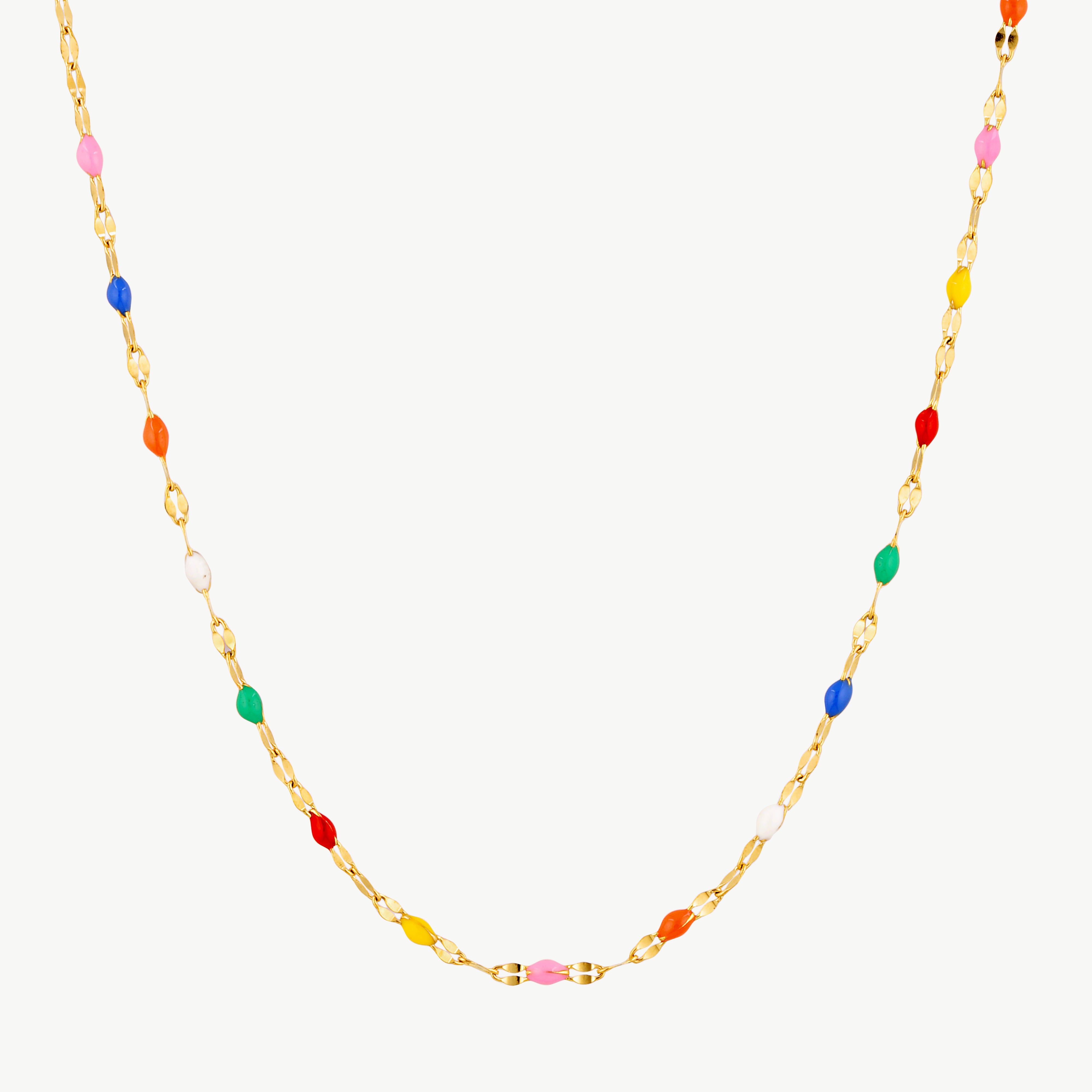 rainbow chain necklace with colorful enamel accents spaced along a delicate polished gold chain for vibrant everyday styling