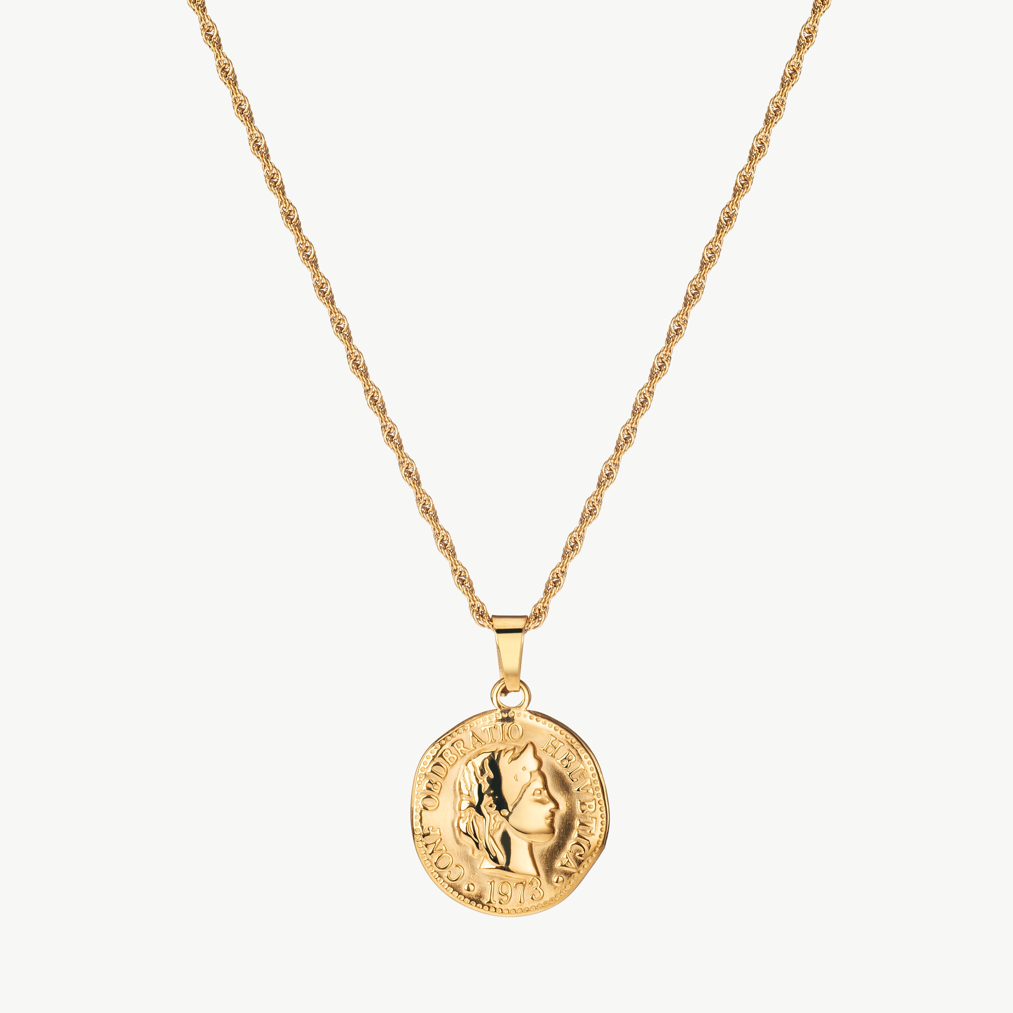 roman coin necklace in gold with textured medallion, gold coin pendant necklace with antique inspired detail and vintage coin style