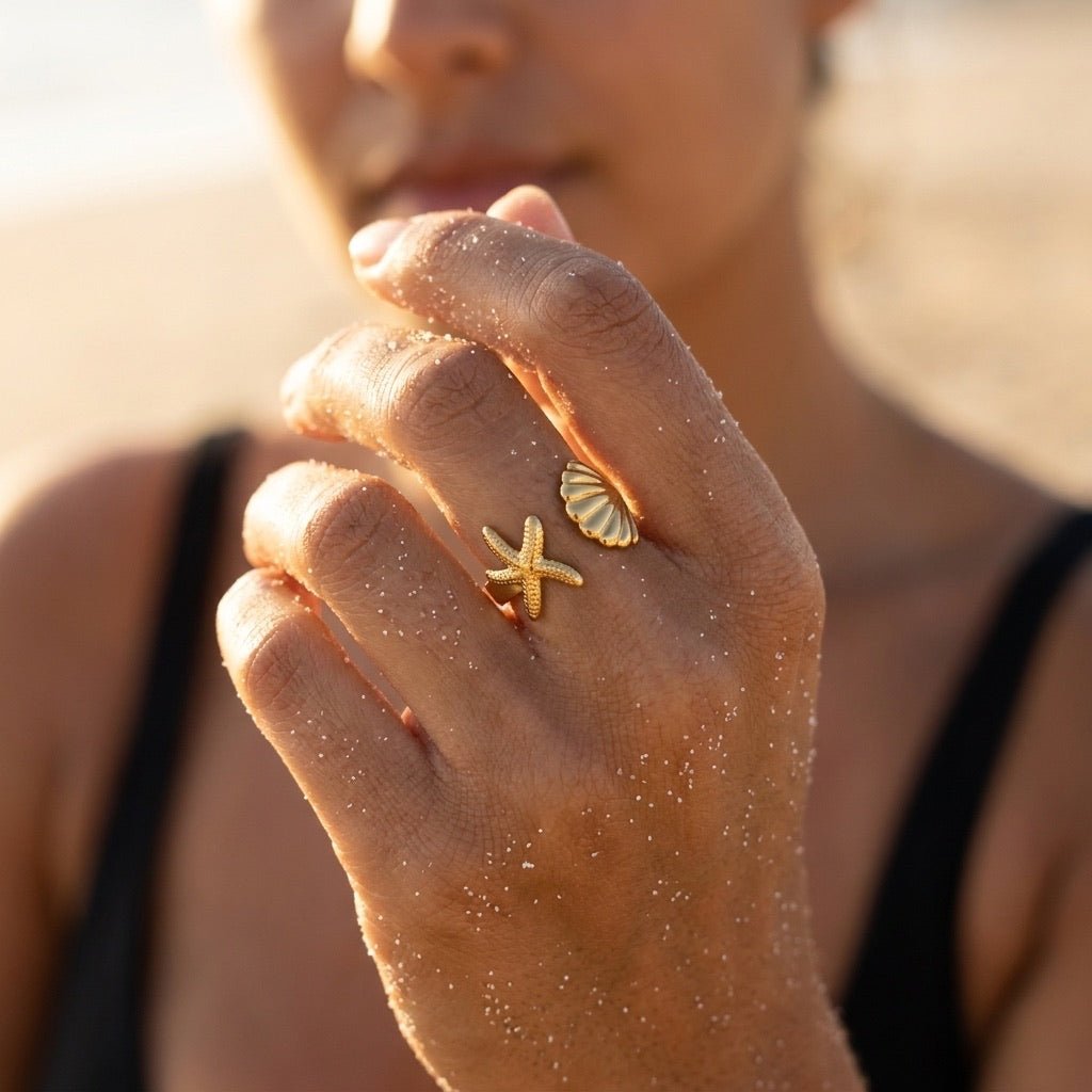 seashell starfish ring in gold with an ocean inspired open band