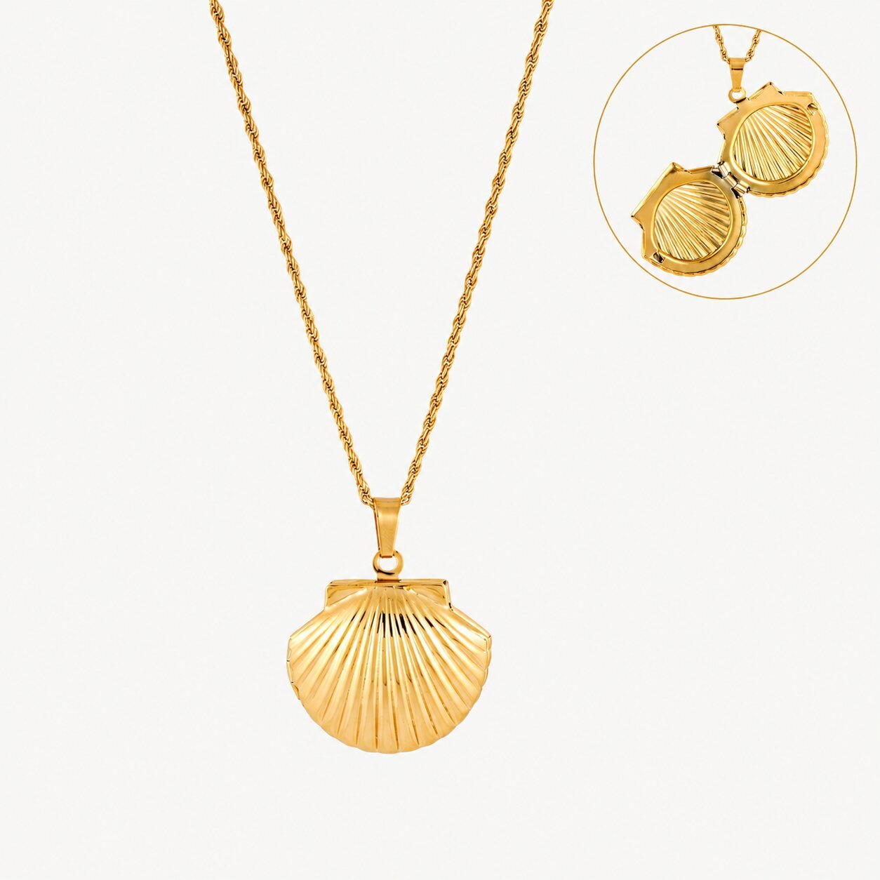shell locket necklace with ridged gold scallop shell pendant and twisted rope chain featuring an opening keepsake locket