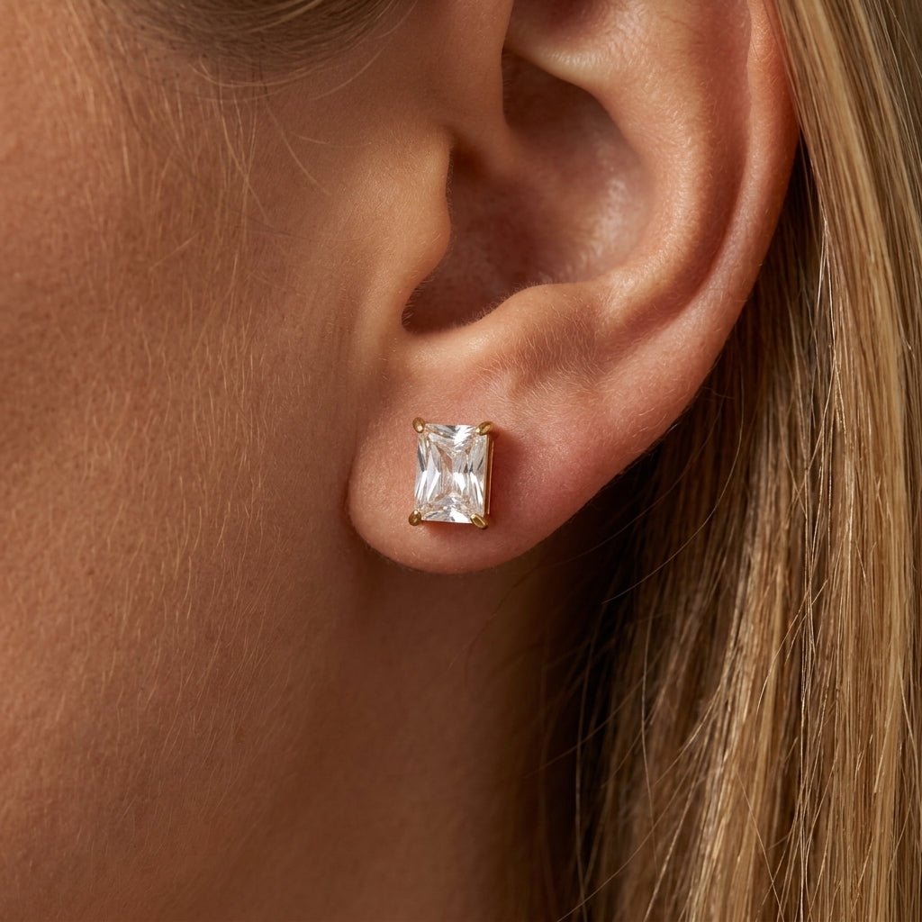 square studs rectangular crystal stud earrings with a sleek solitaire design and clean geometric shape, offering a refined minimalist style with brilliant sparkle for timeless everyday elegance