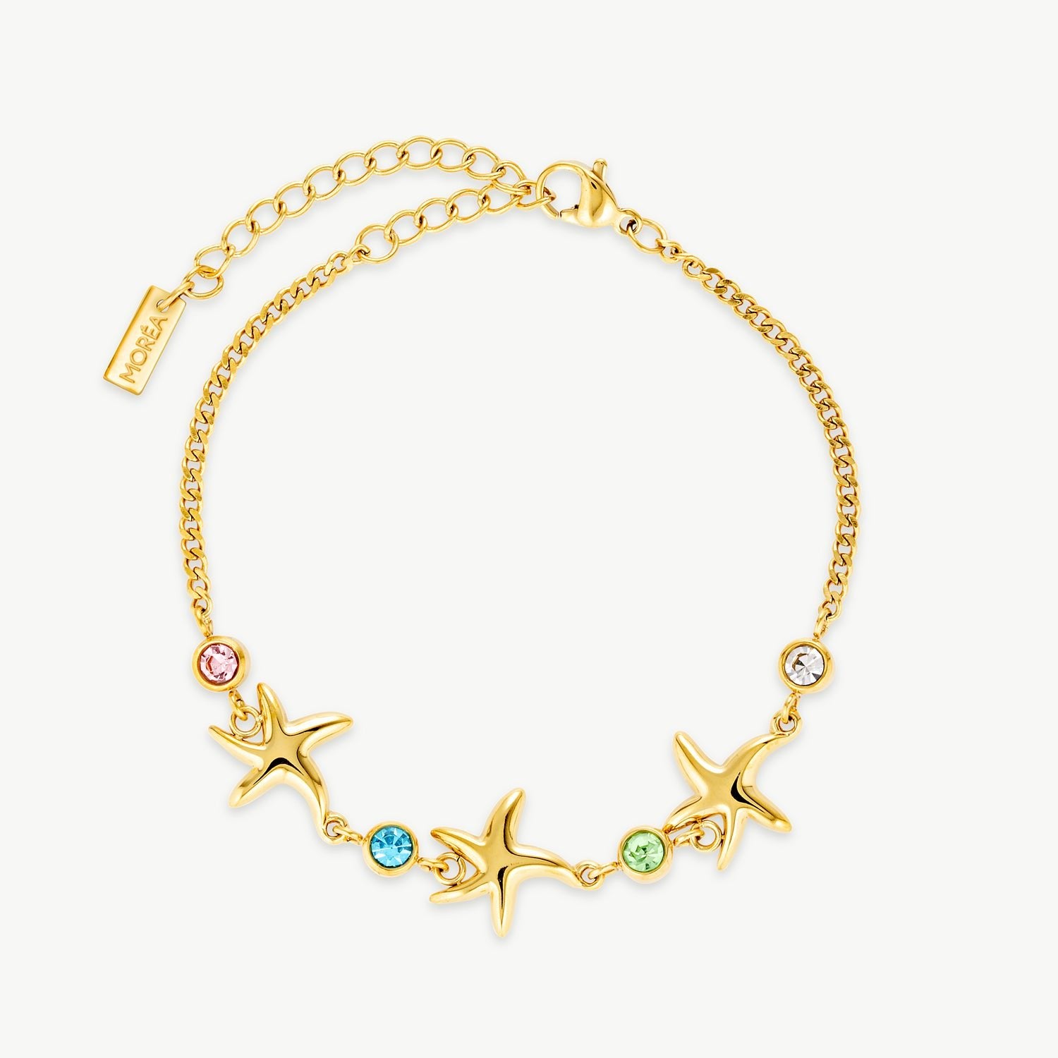 starfish bracelet with polished gold sea star charms and colorful crystal stones on a delicate gold chain bracelet inspired by coastal jewelry styling