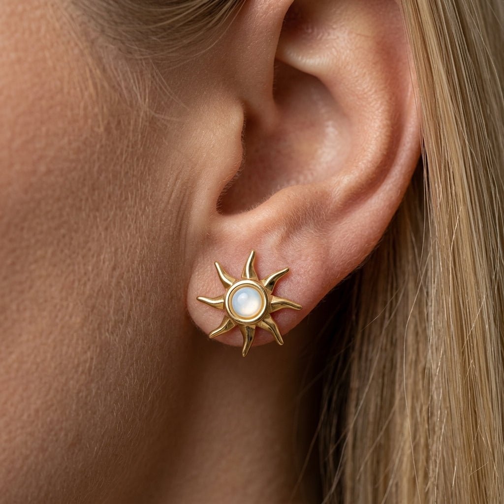 stud sun earrings celestial gold sun earrings with pearl detail and radiant rays for a dreamy boho jewelry style