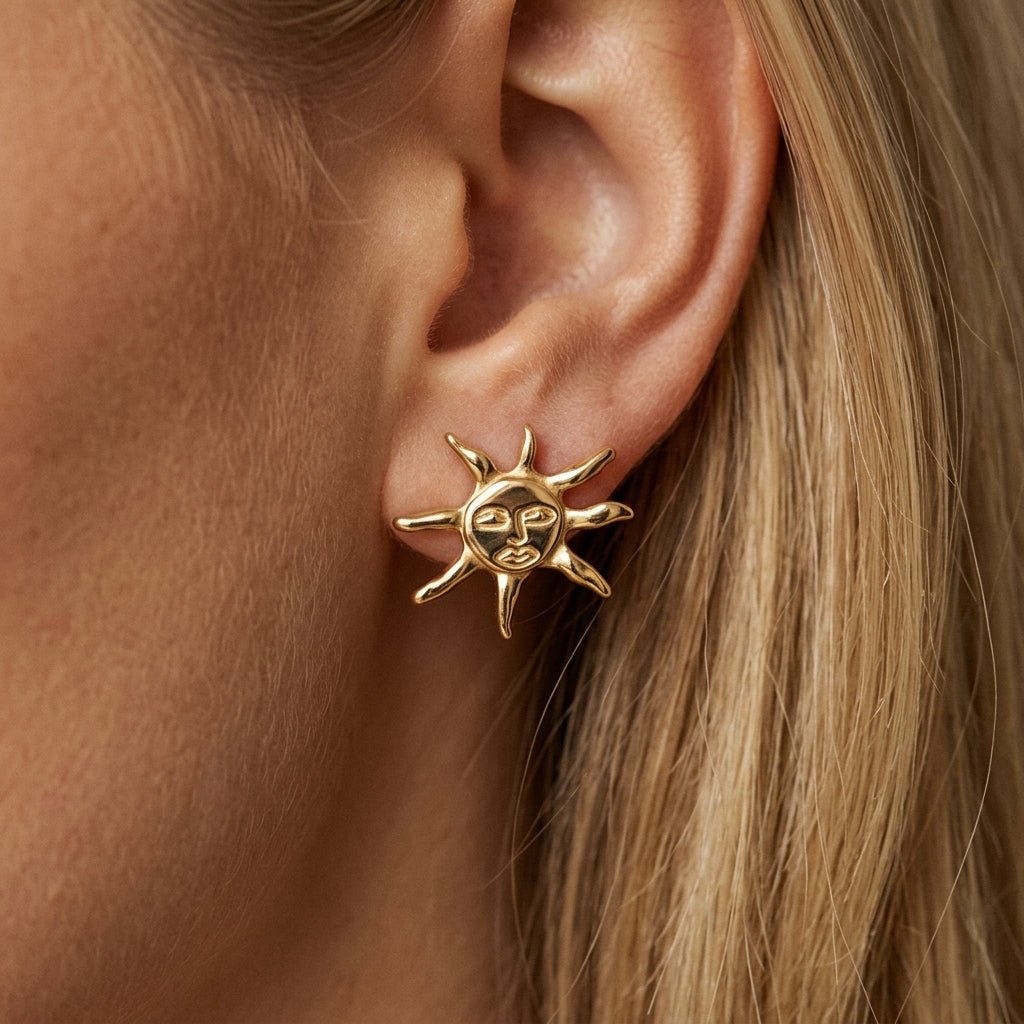 sun face earrings gold celestial sun stud earrings with a vintage inspired boho design perfect for stacking or celestial earrings style