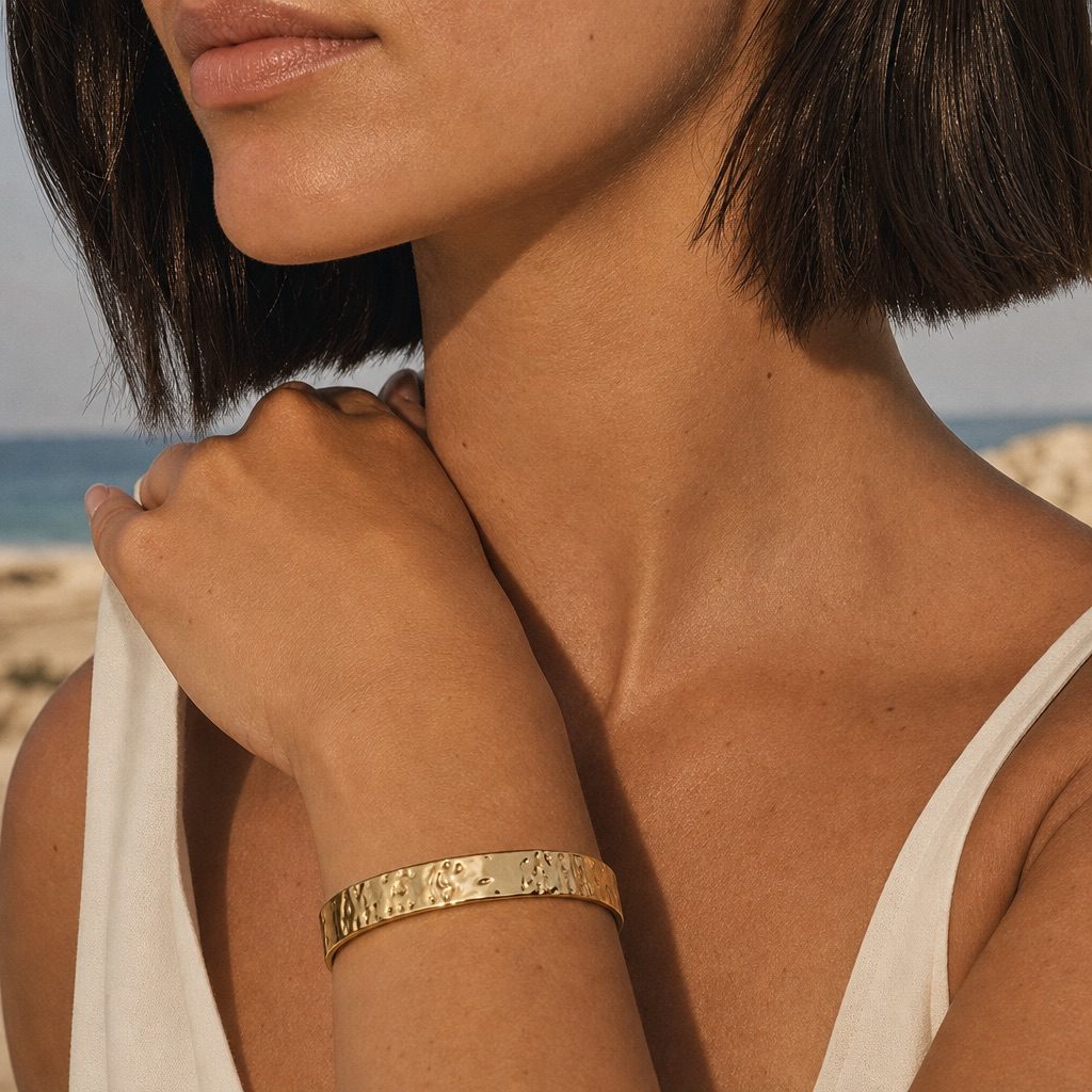 textured gold cuff bracelet featuring a hammered surface and sleek open bangle design