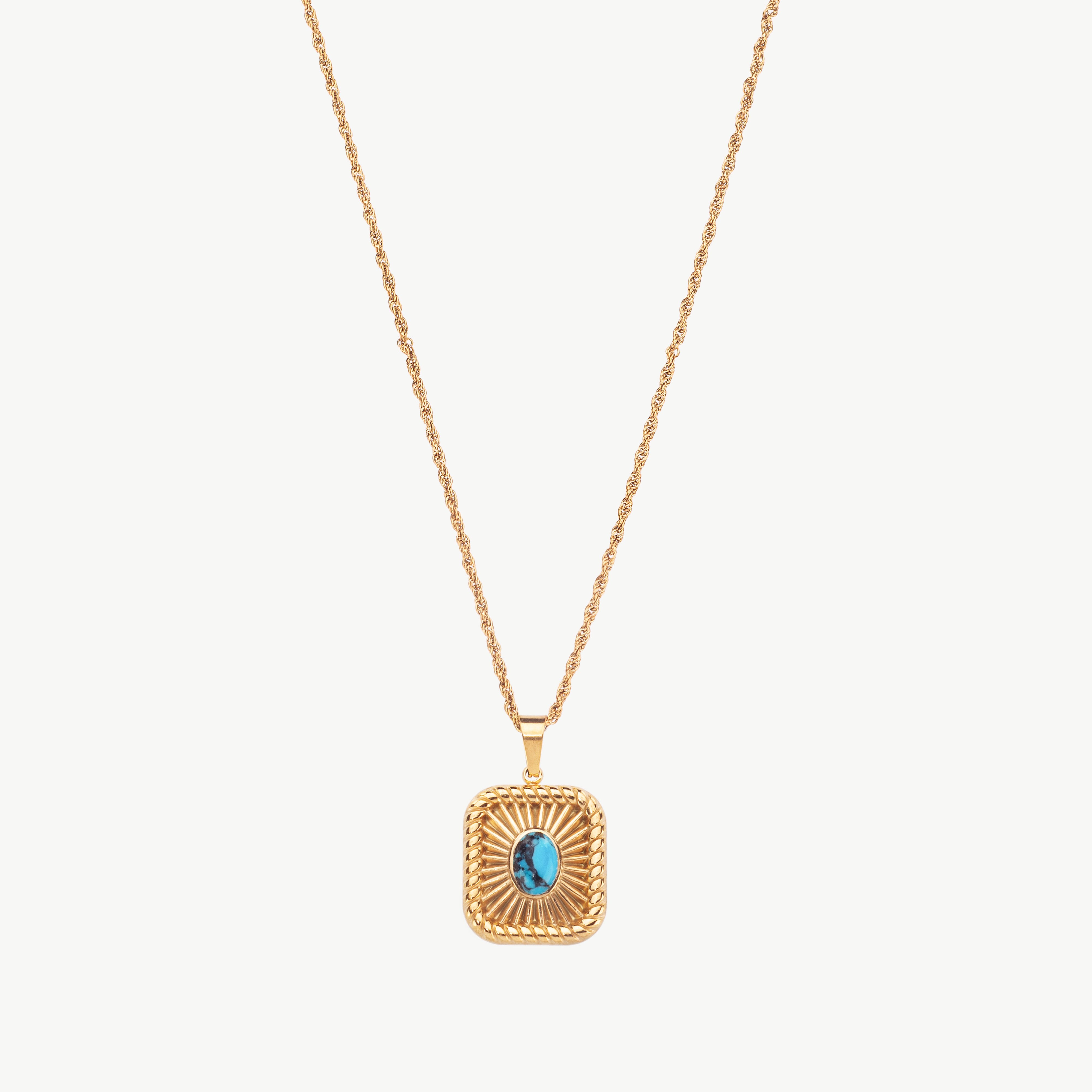 turquoise charm necklace in gold with turquoise stone pendant, gold turquoise necklace with polished finish and vibrant color contrast, square turquoise necklace