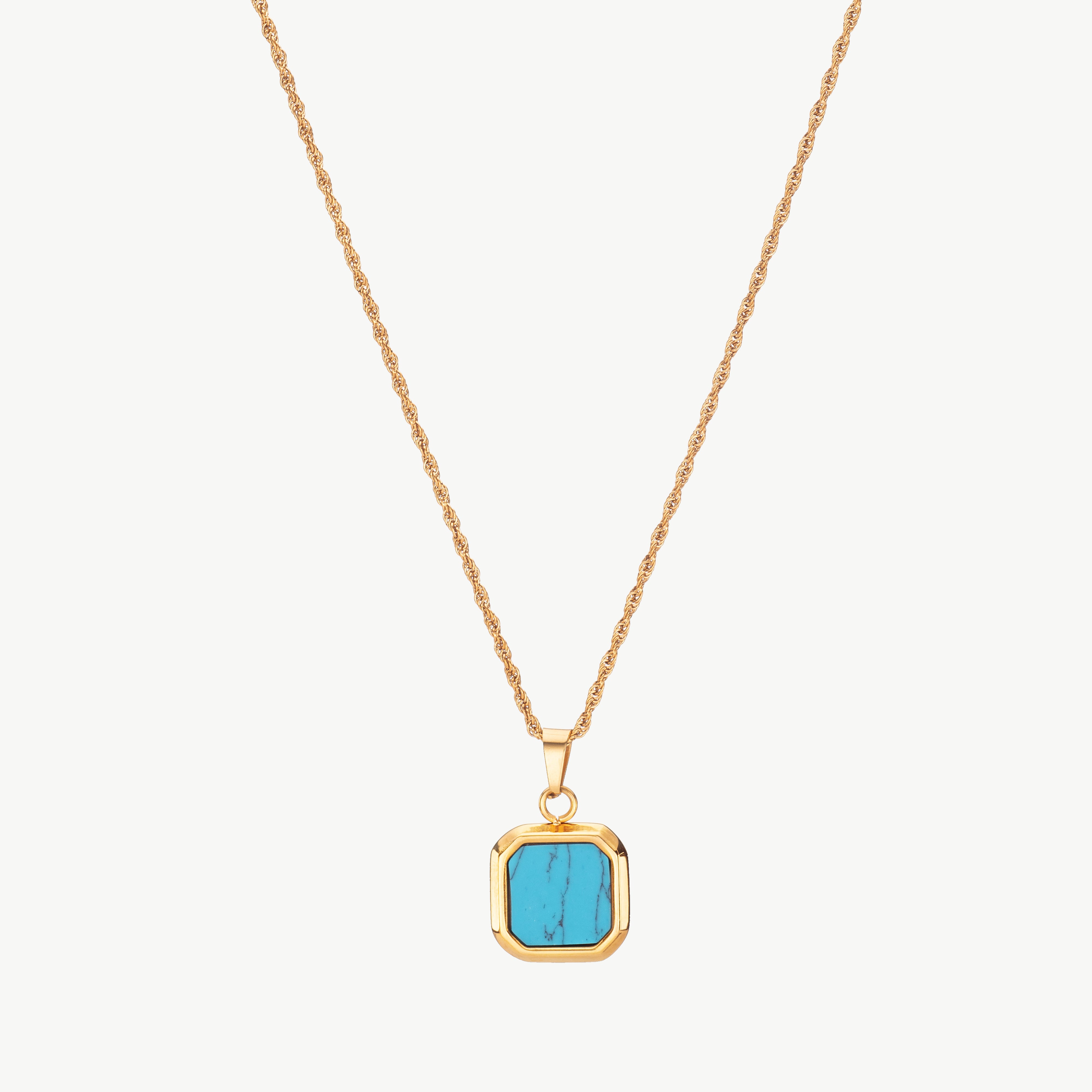turquoise pendant necklace in gold with blue stone, gold turquoise pendant necklace with polished finish and necklace with blue pendant styling and square turquoise necklace design
