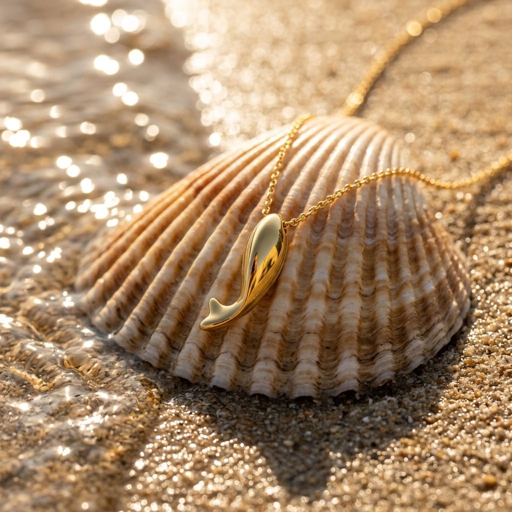 whale tail pendant necklace in a polished gold finish