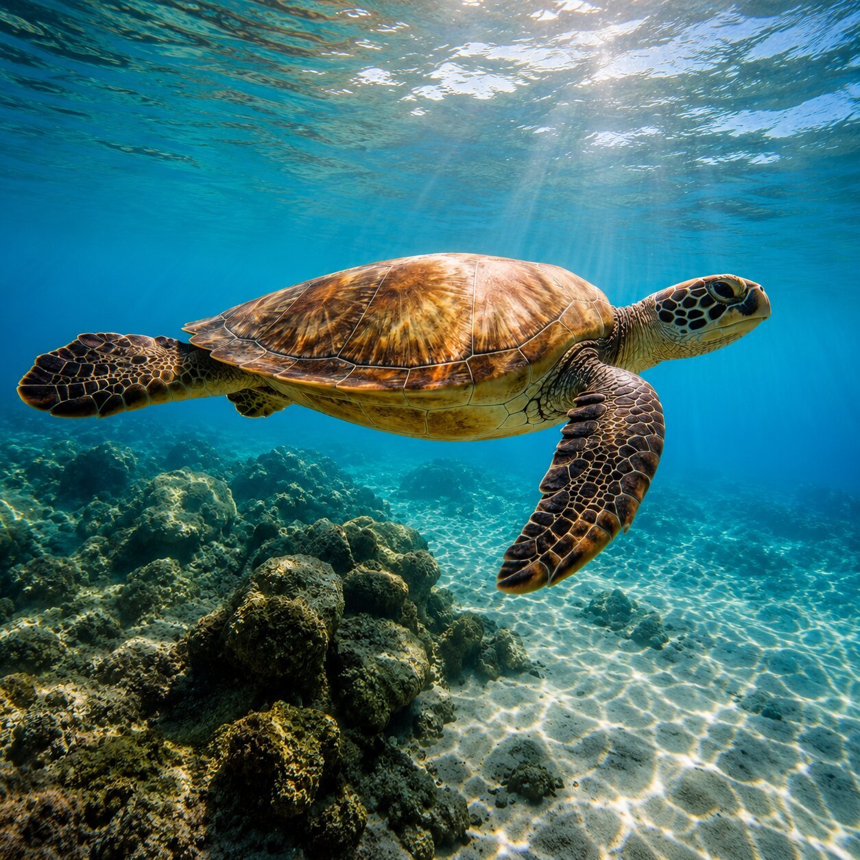 what does a turtle symbolize, green sea turtle swimming through crystal-clear turquoise ocean above a vibrant coral reef