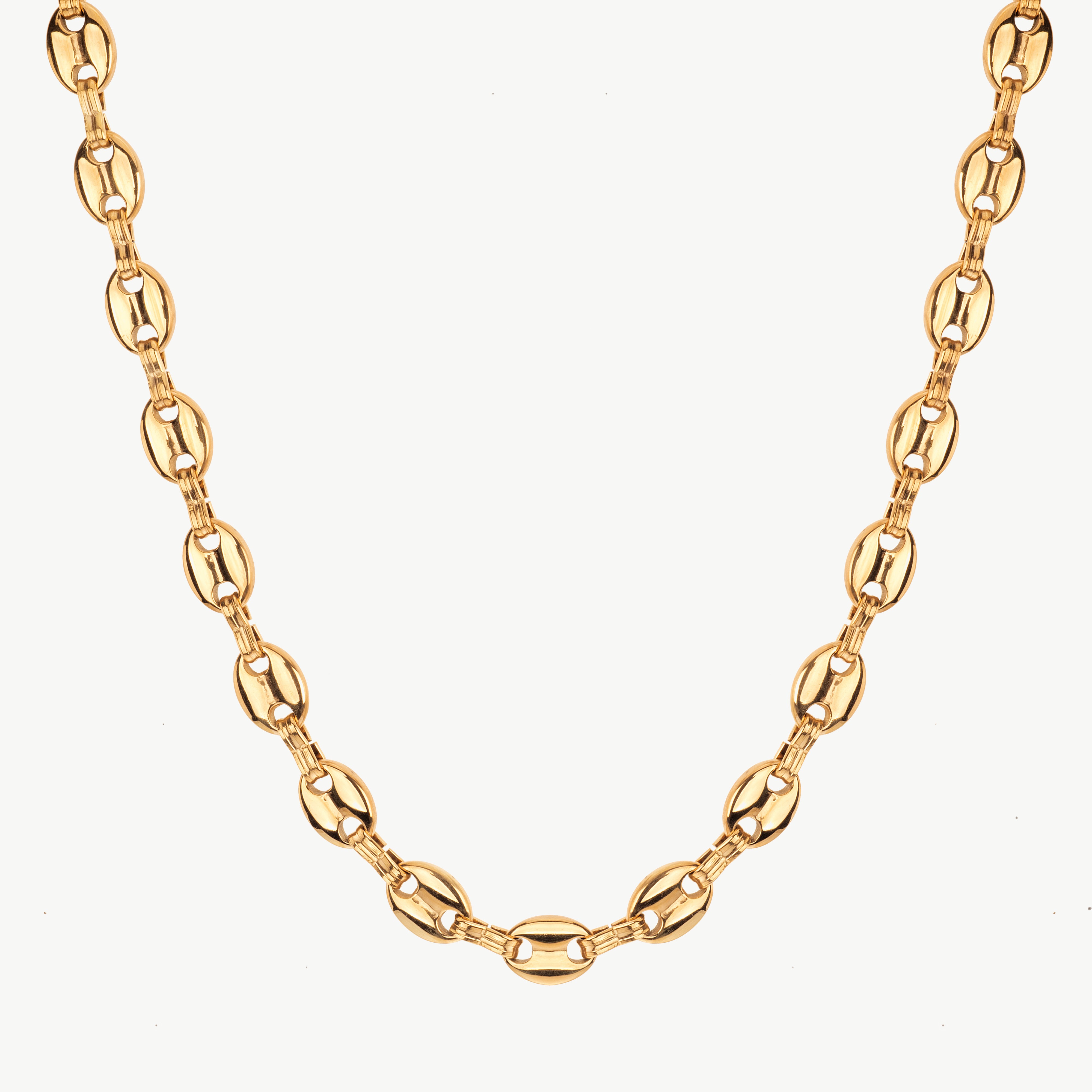 anchor chain necklace in gold with bar links, gold mariner chain necklace styled as a chunky chain link necklace with a structured pattern