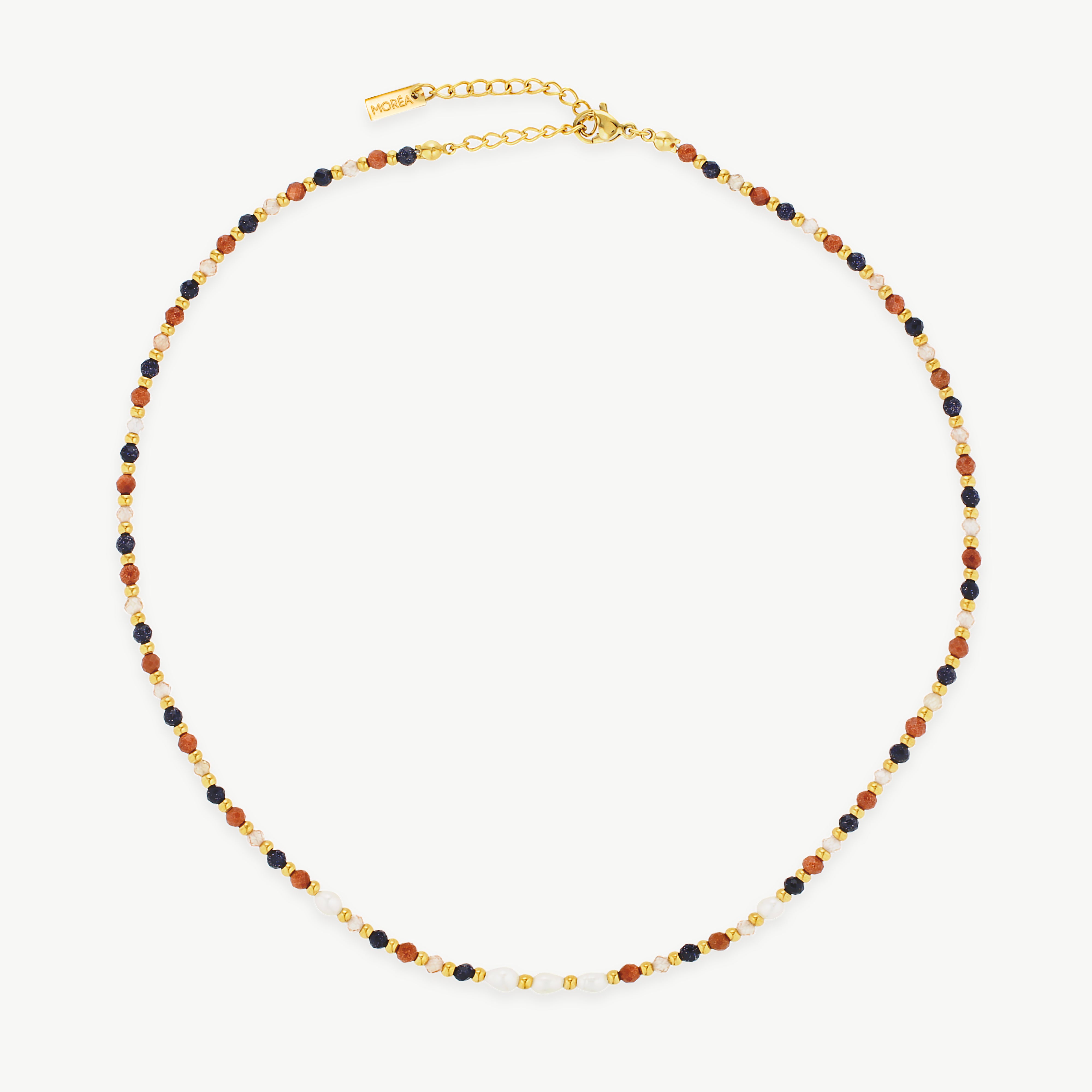beaded choker necklace with multicolor blue rust white and gold tone beads arranged along a delicate colorful strand