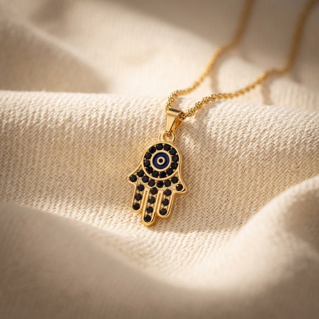 blue evil eye hand necklace with black stone accents set in a detailed gold pendant