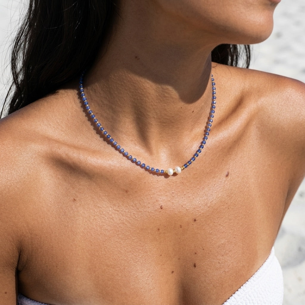 blue gemstone beaded choker with freshwater pearl accents