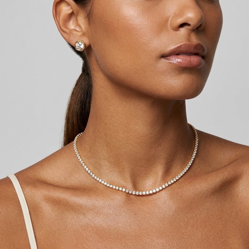 bridal tennis choker with brilliant clear stones and an elegant gold finish
