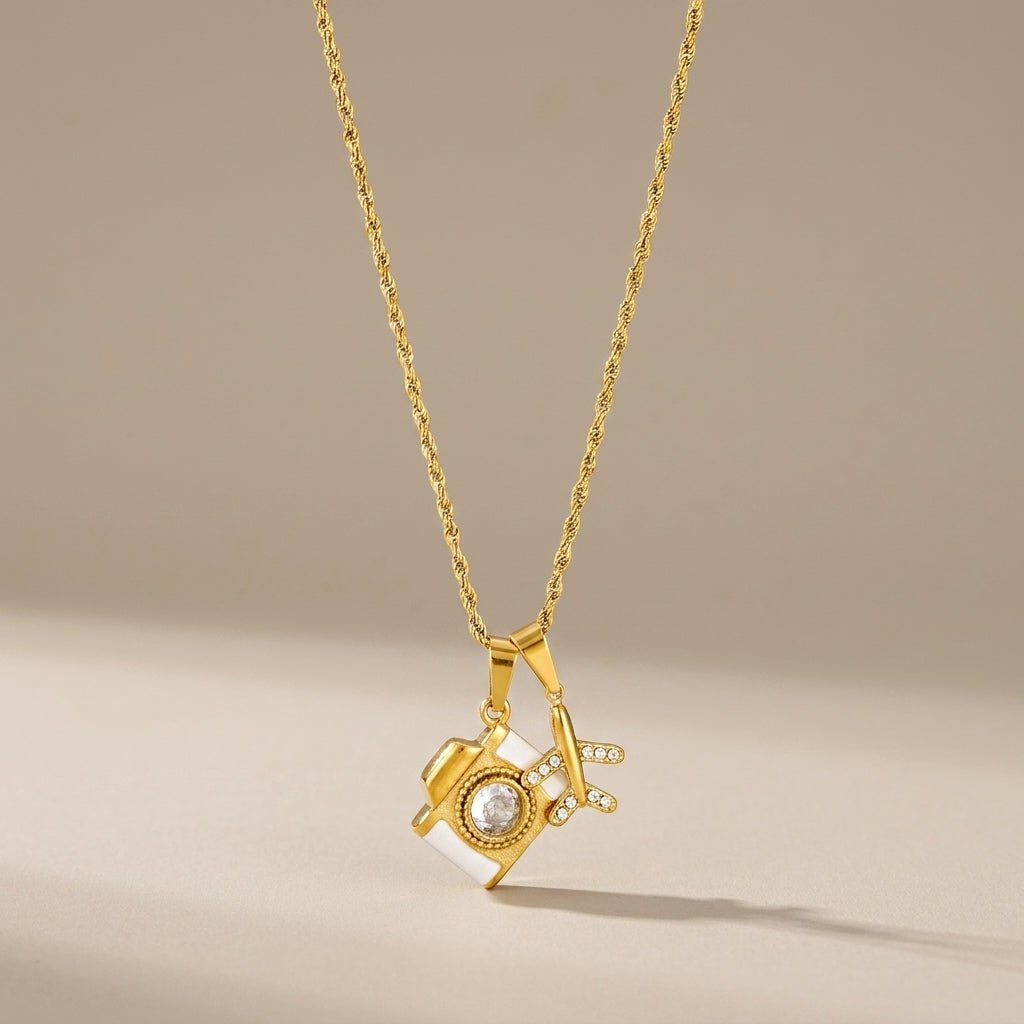 camera necklace for women with gold chain and sparkling camera pendant