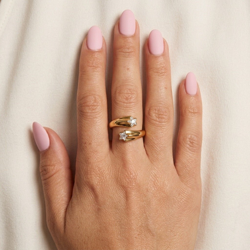 celestial gold band with sparkling star details and a bold polished wraparound shape