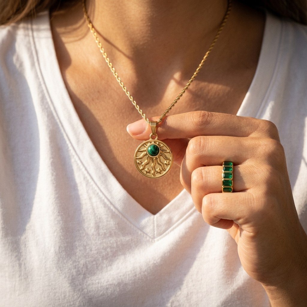 celestial sun and star pendant necklace in gold with a green malachite center