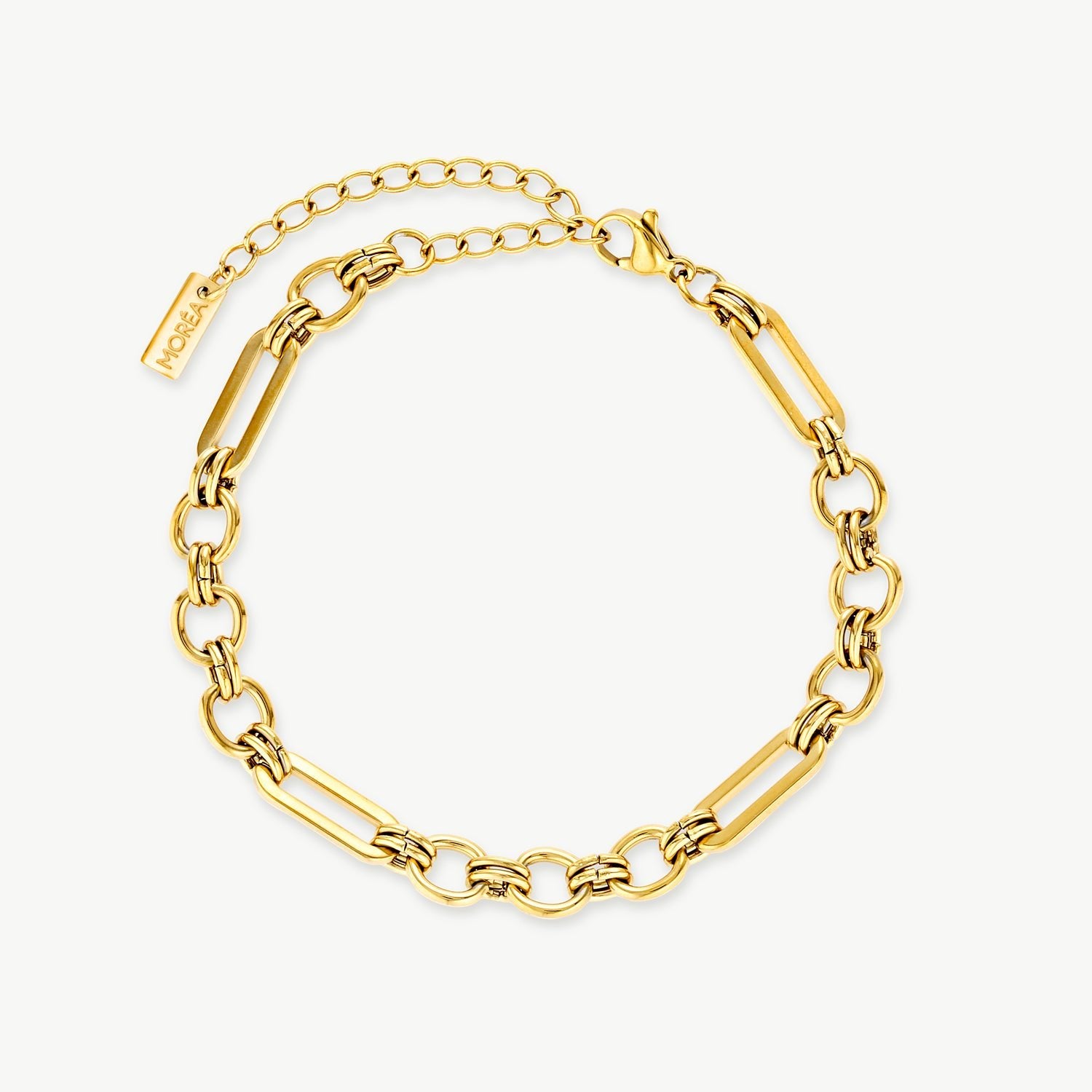 chain link bracelet featuring mixed polished gold links in elongated and rounded shapes