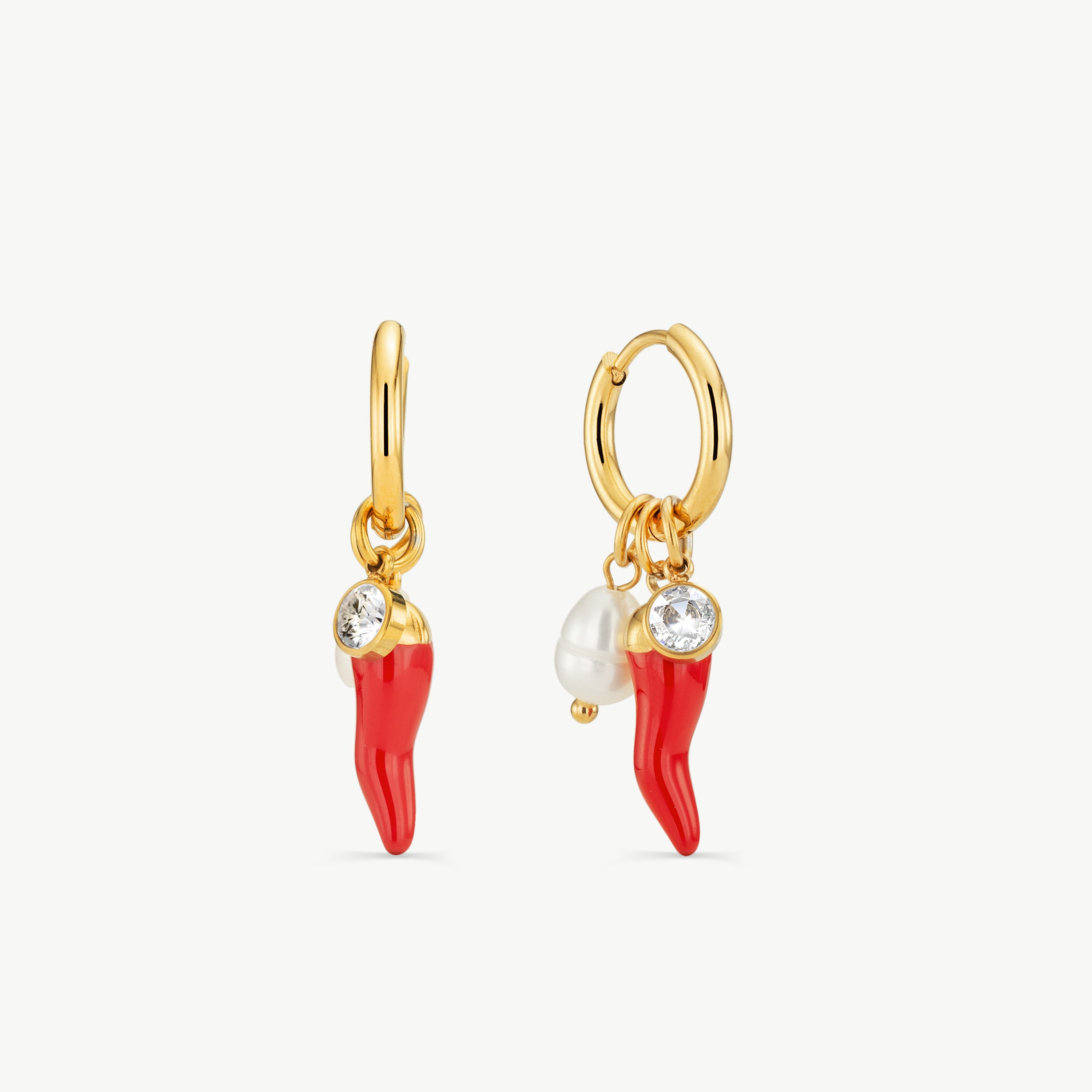 chili pepper earrings red pepper earrings gold charm hoops with pearl crystal and red chili charm fun dangle earrings