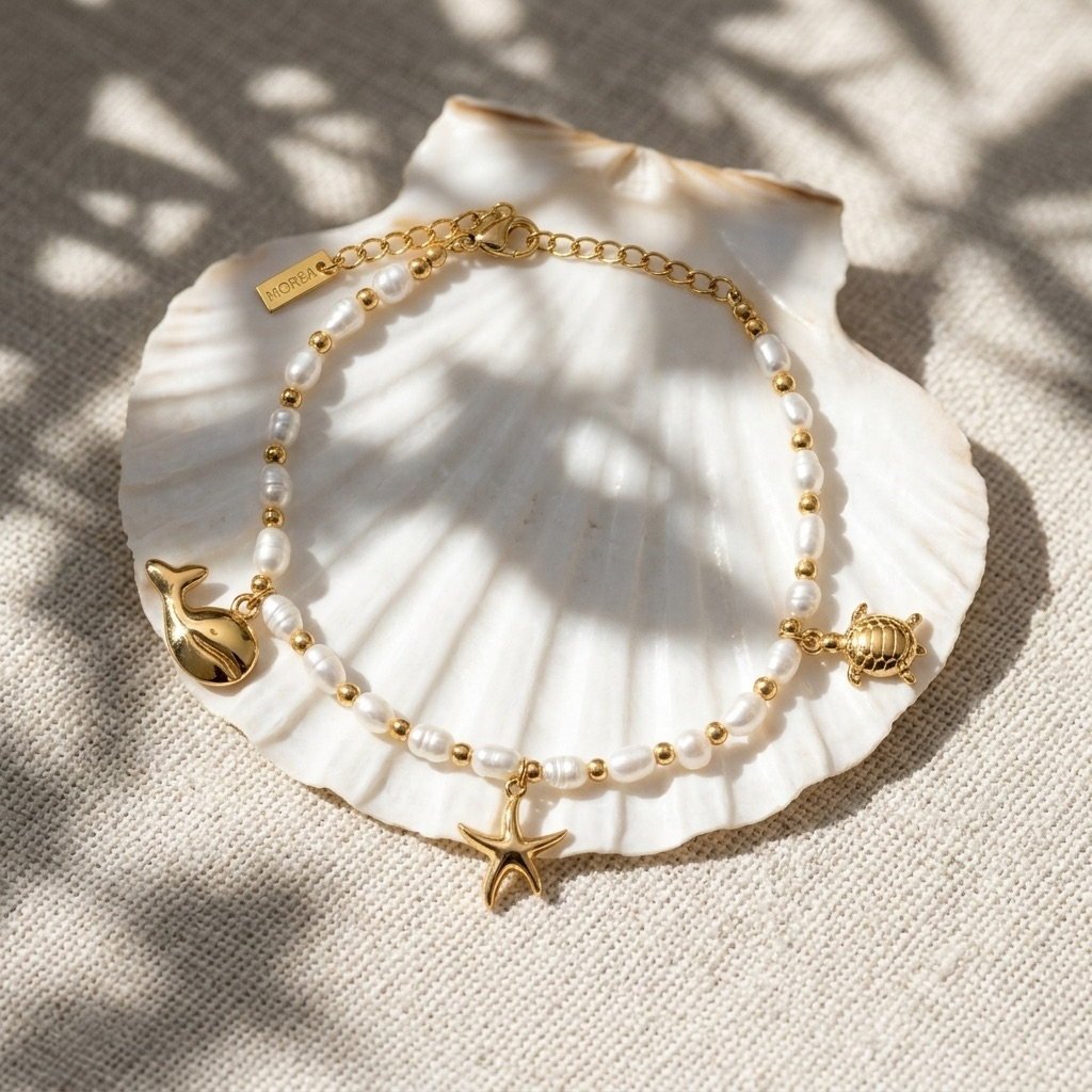 coastal gold pearl charm bracelet for women featuring ocean inspired sea life charms
