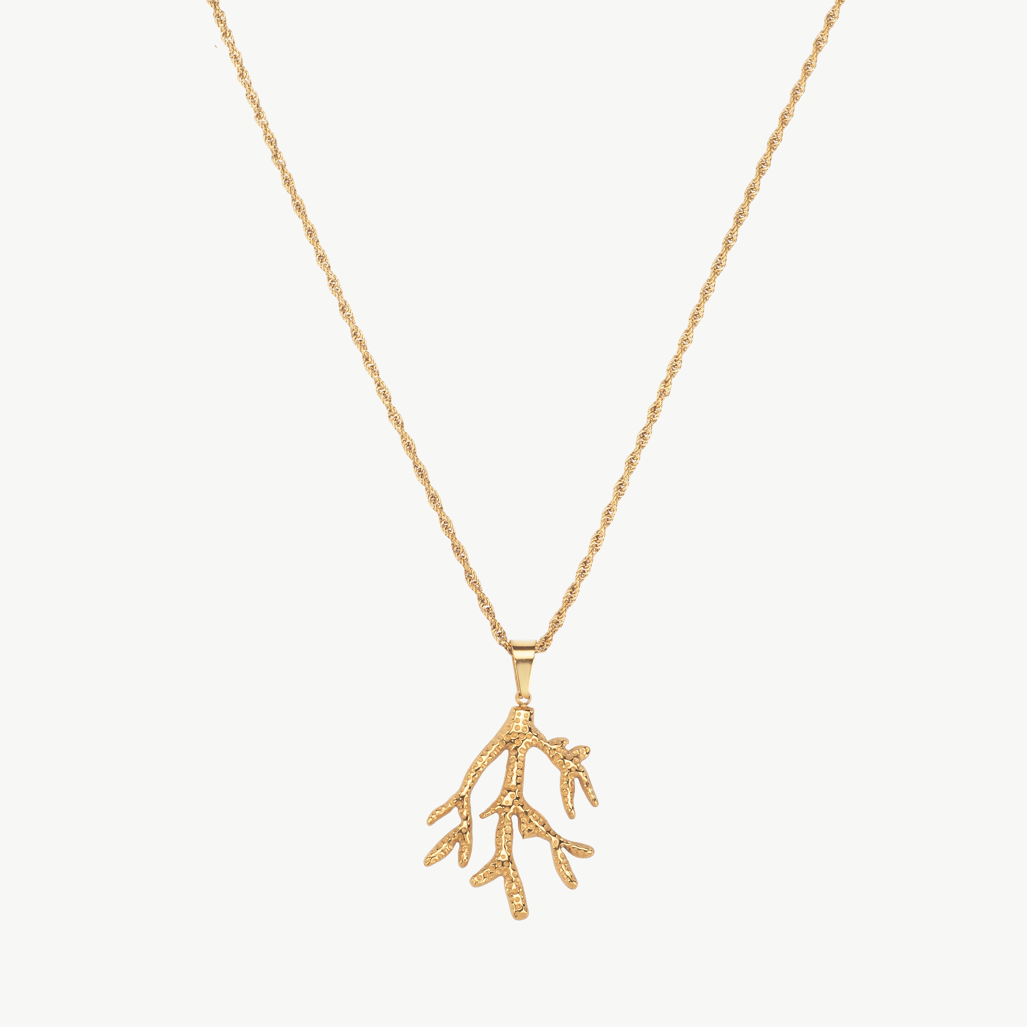 coral pendant necklace in gold with branch coral necklace detail, ocean necklace with textured sea life charm and organic sculptural finish