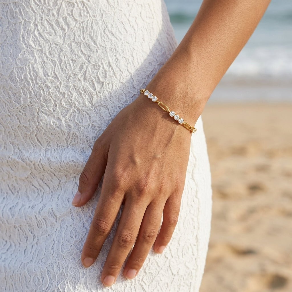 crystal chain link bracelet with polished gold accents