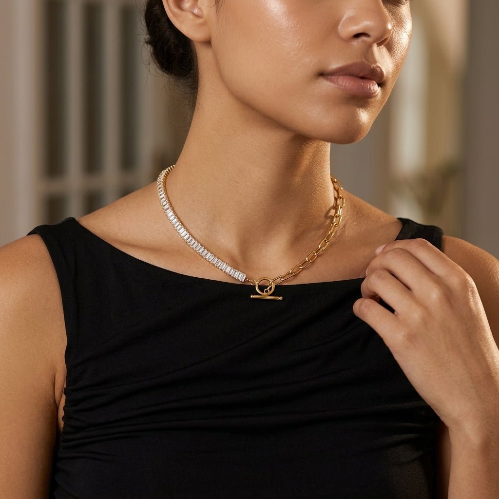 cubic zirconia choker with sparkling stones, gold link chain and toggle clasp
