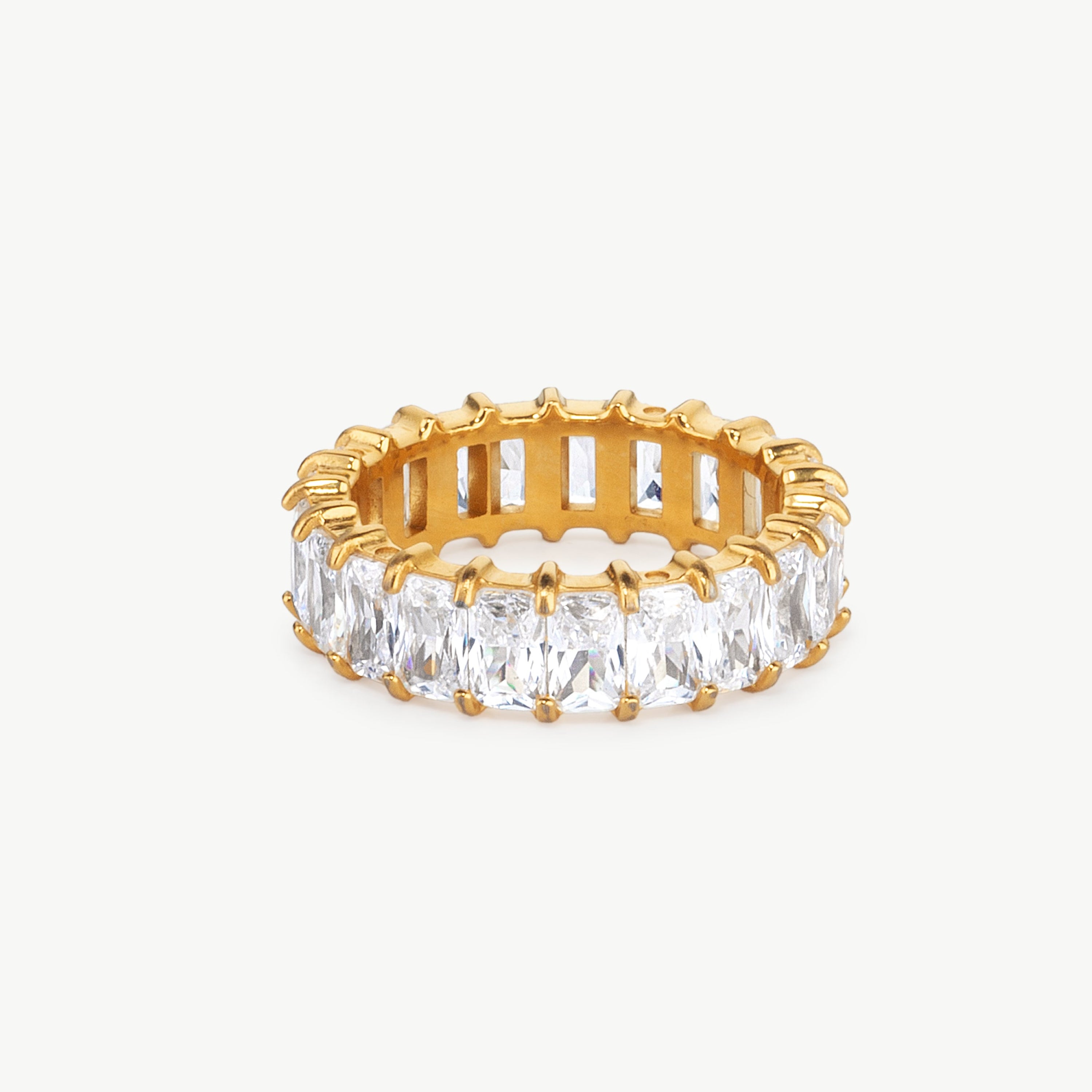 cubic zirconia eternity ring in gold with full stone band, cz eternity band with emerald cut eternity ring detail and polished look