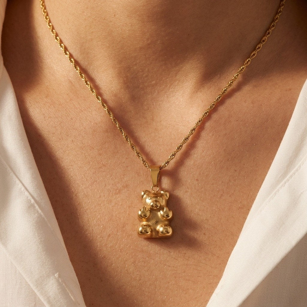 cute gold bear necklace for women featuring a charming teddy bear pendant for a playful and trendy everyday accessory
