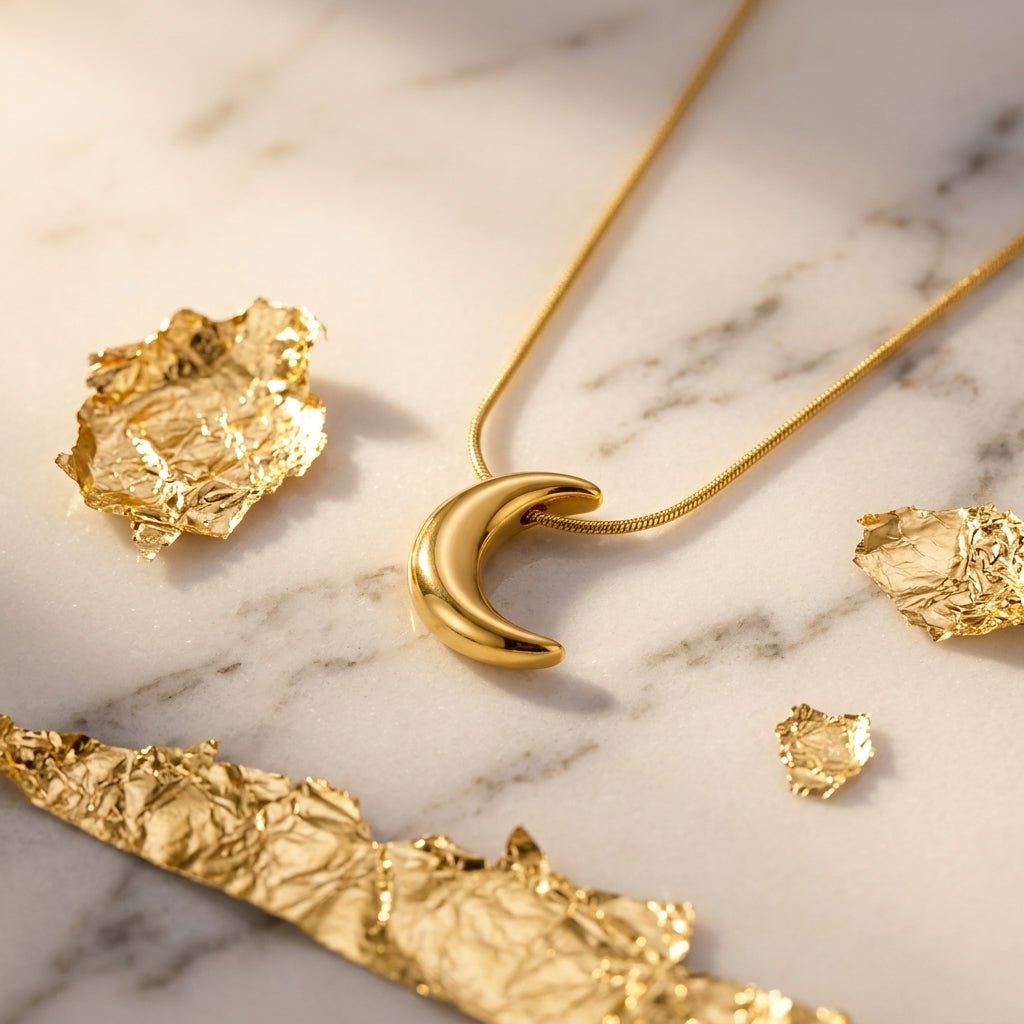 dainty crescent moon necklace with a gold pendant and delicate chain