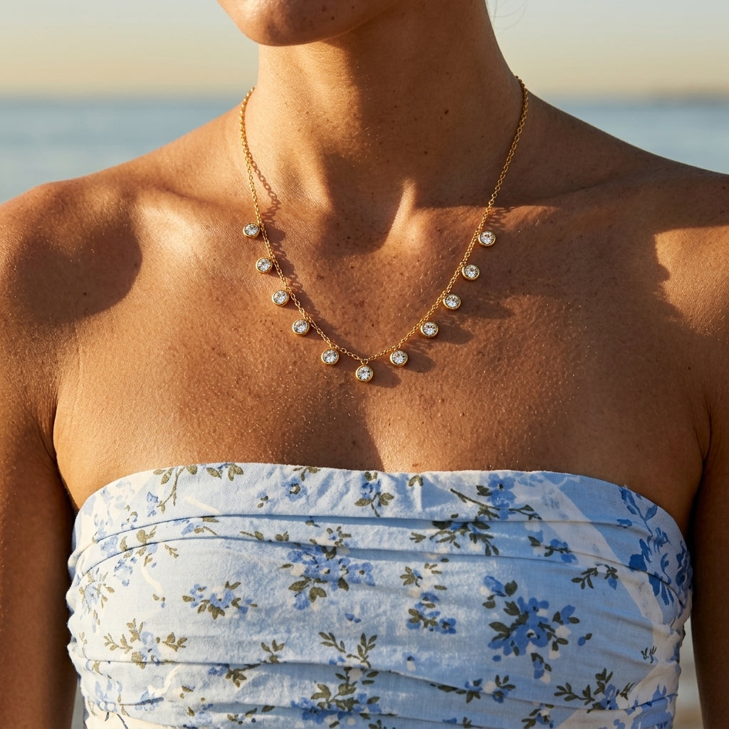 dainty crystal drop necklace with sparkling stones on a fine gold chain