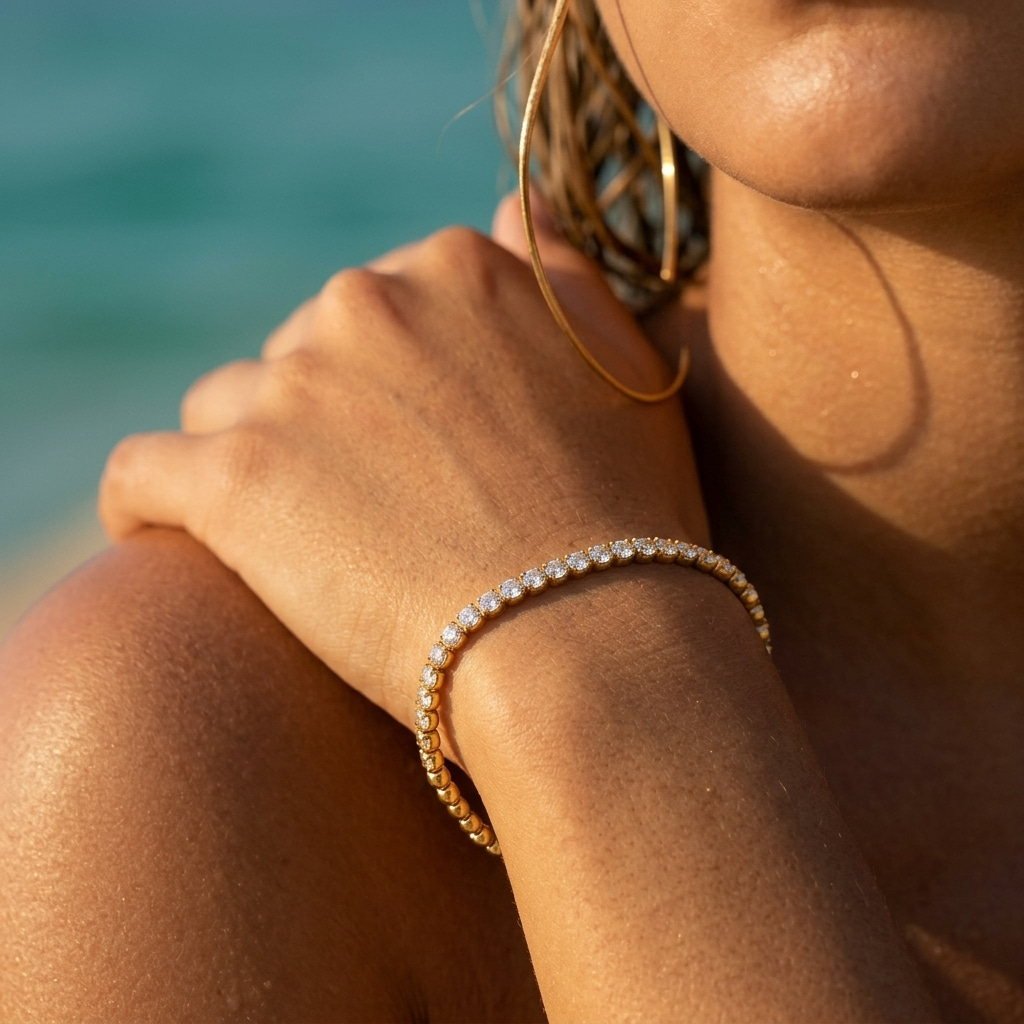 dainty gold tennis bracelet for women with a classic row of sparkling round stones