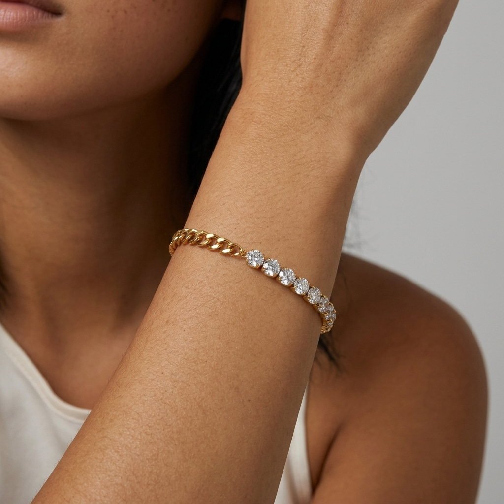 dainty gold tennis chain bracelet for women featuring a row of brilliant round stones