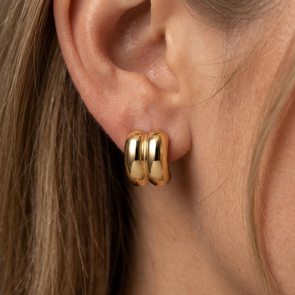 double sided stud earrings chunky gold double stud earrings with smooth curved design minimalist jewelry everyday earrings modern gold stud earrings
