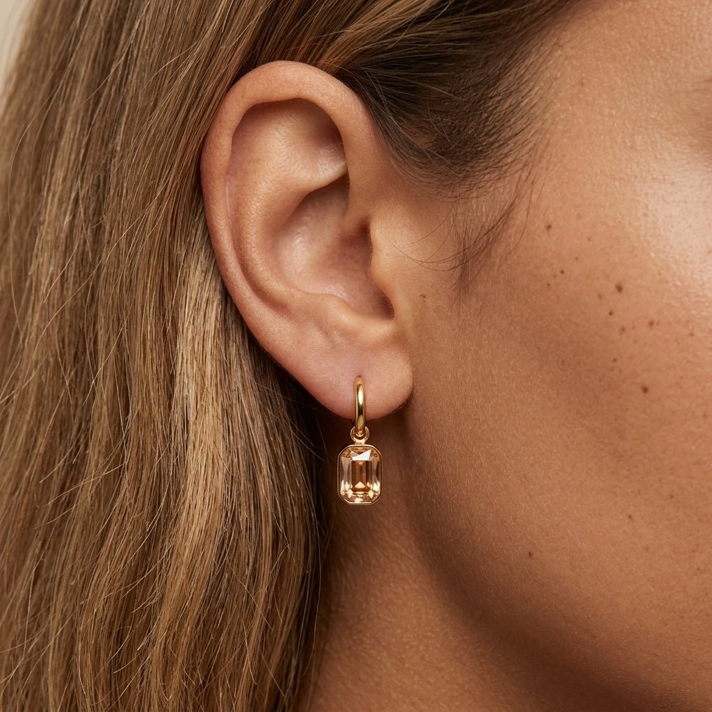 emerald cut crystal earrings with polished gold hoop detailing