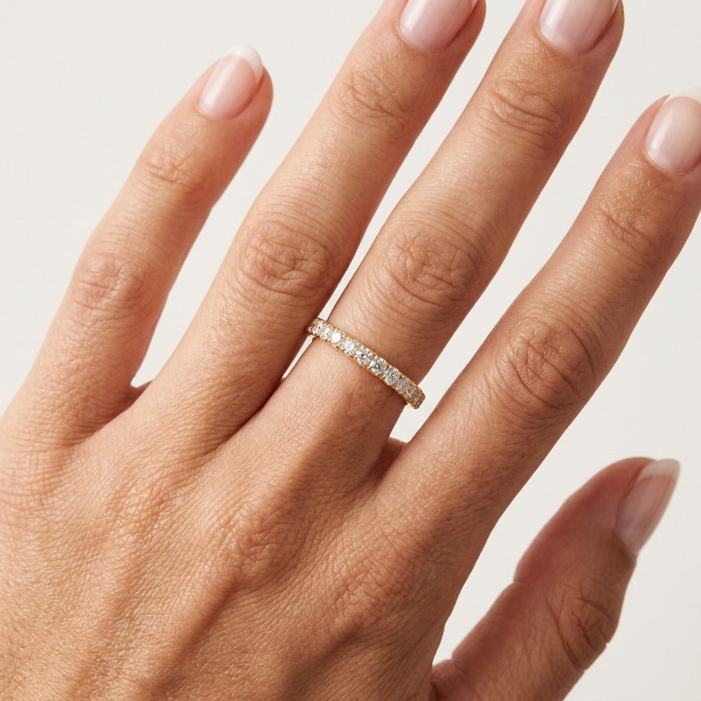 eternity band ring with sparkling round stones set in a slim polished gold band