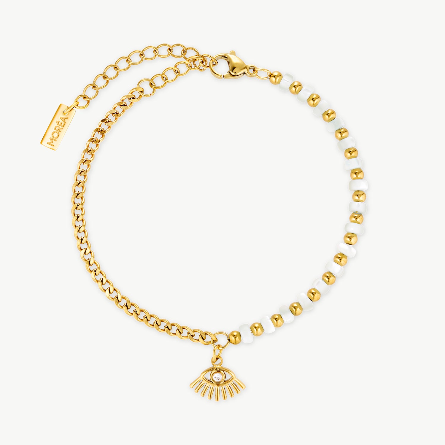 gold evil eye charm bracelet with polished beads and chain detailing
