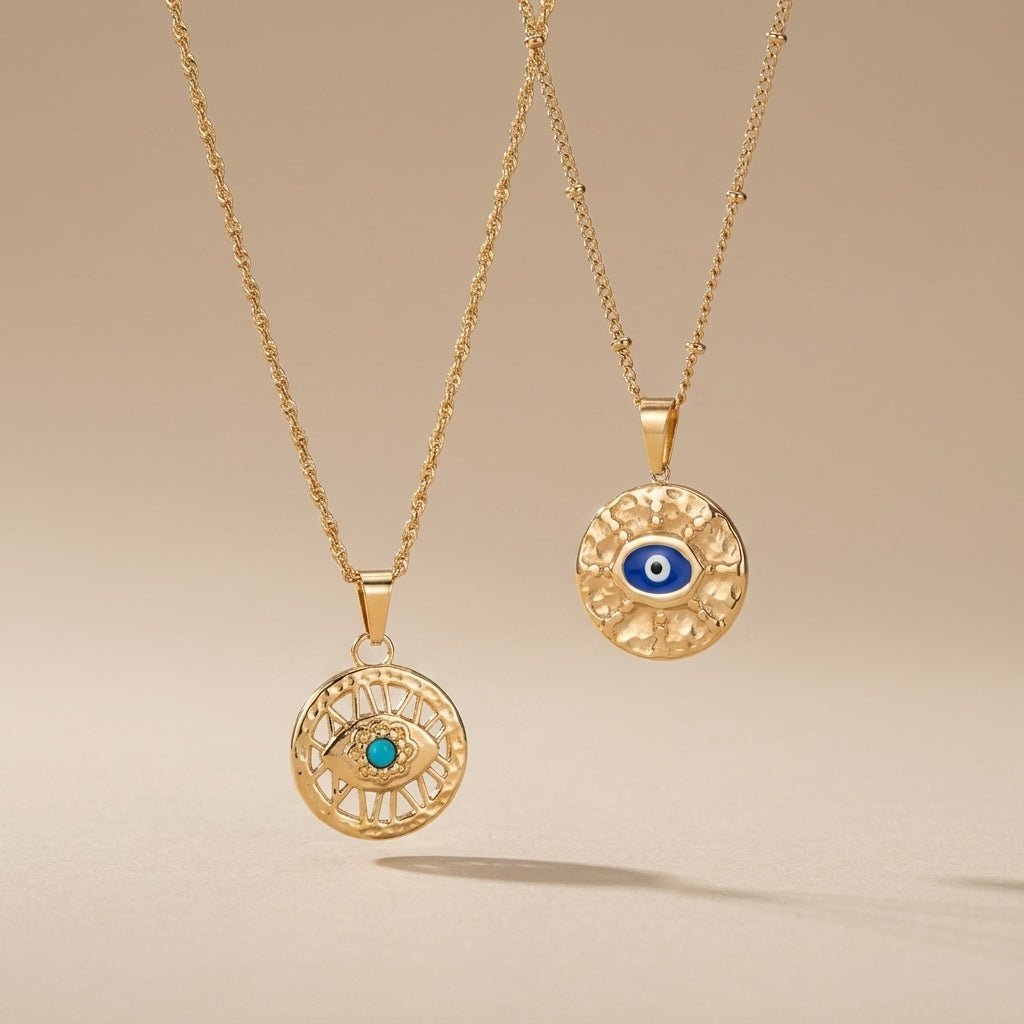 evil eye charm necklaces with gold round pendants and blue turquoise eye details