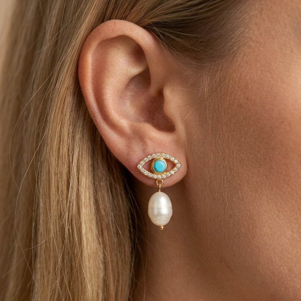 evil eye earrings dangle gold evil eye earrings with turquoise detail and pearl drop charm accented by delicate pavé crystals