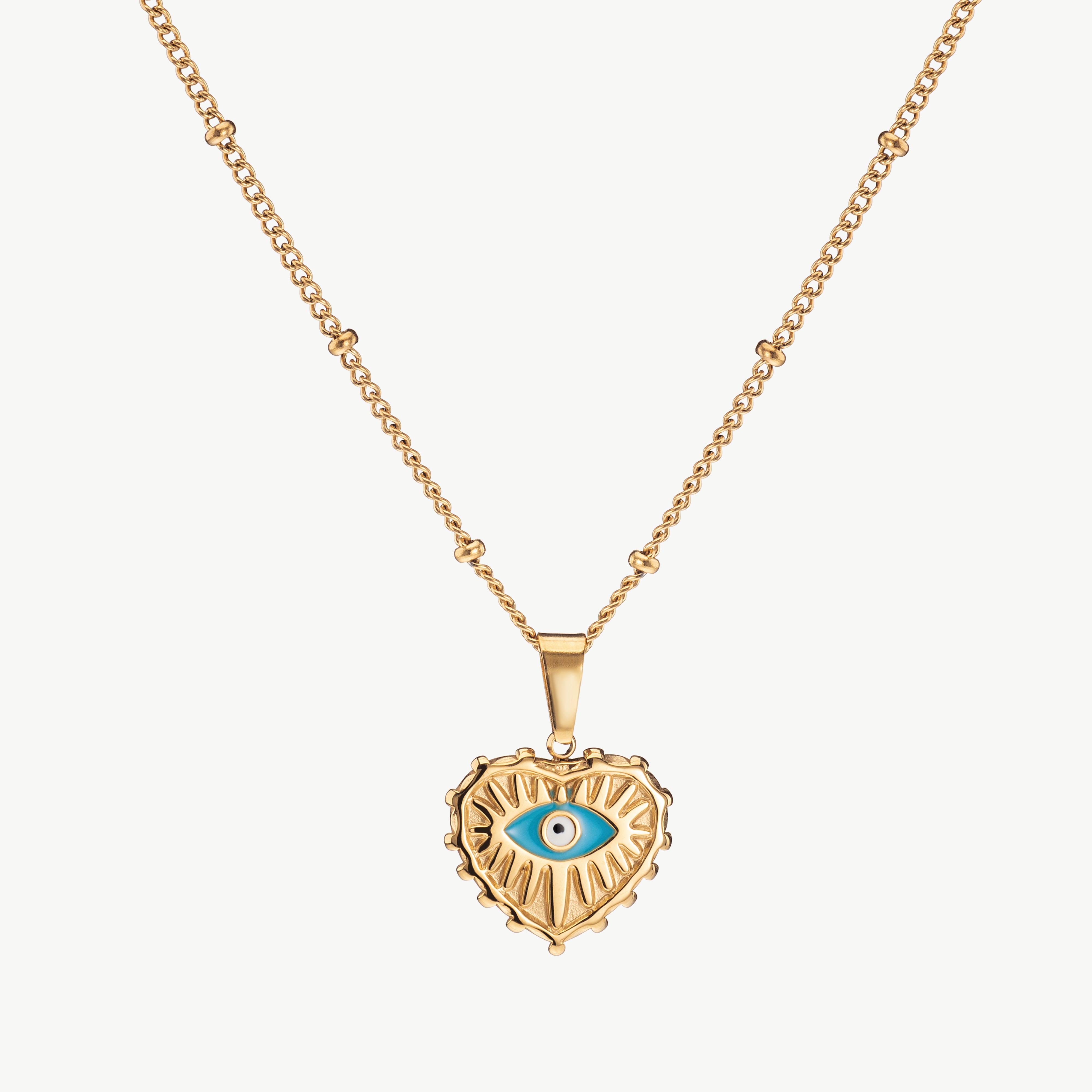 evil eye necklace in gold with eye charm detail, gold evil eye necklace with polished finish and minimalist evil eye necklace design