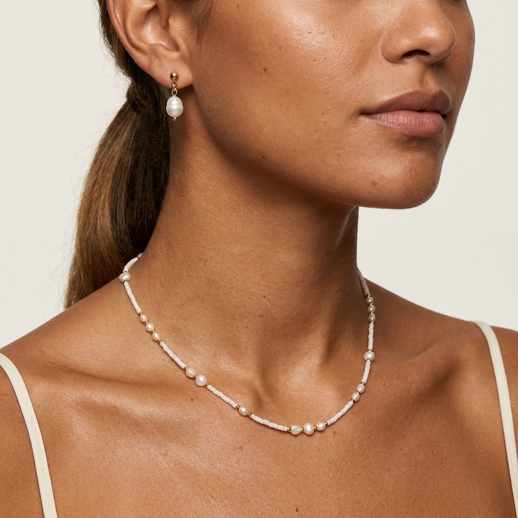 freshwater pearl beaded choker with white seed beads and gold details