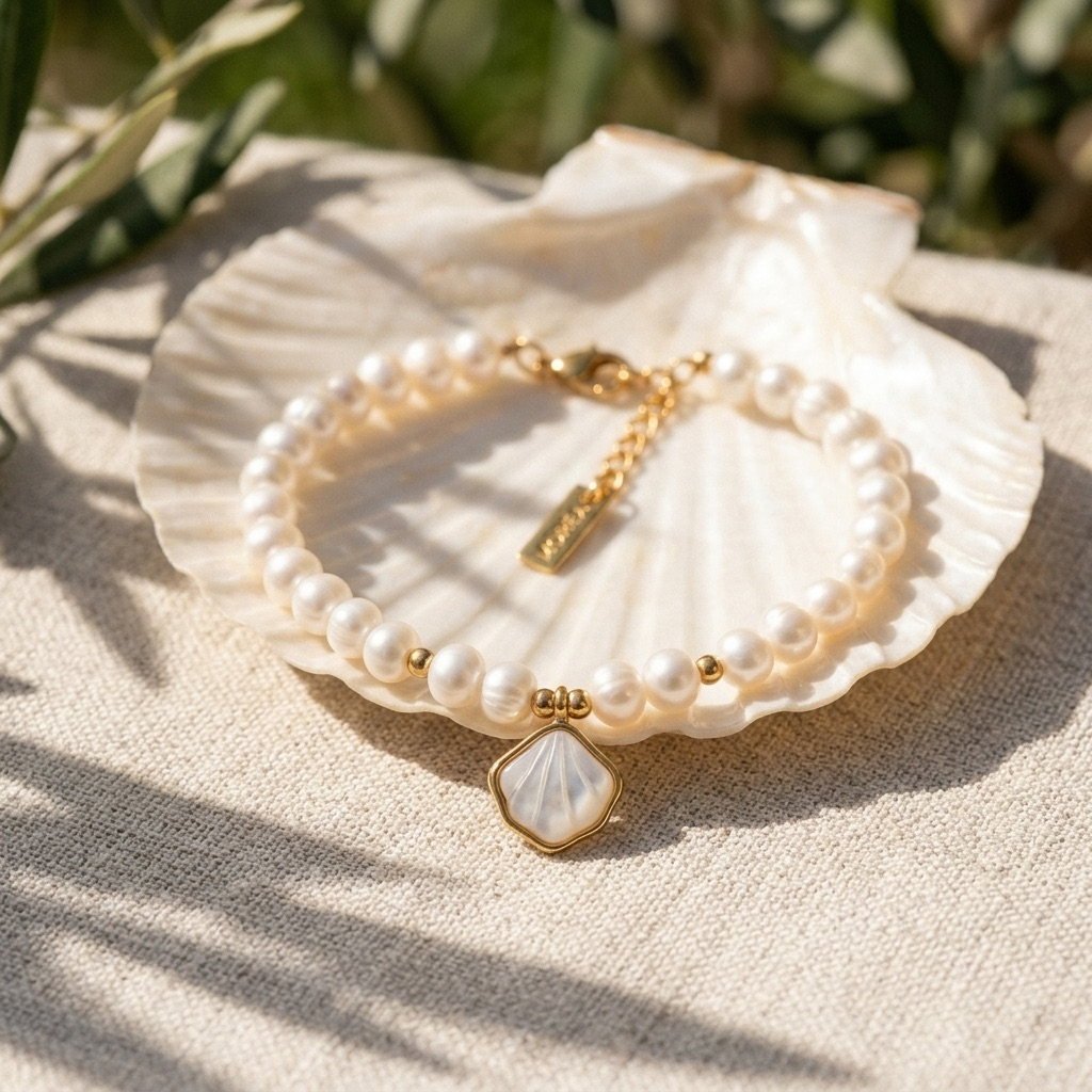 freshwater pearl shell charm bracelet for women with gold accents and a white shell pendant