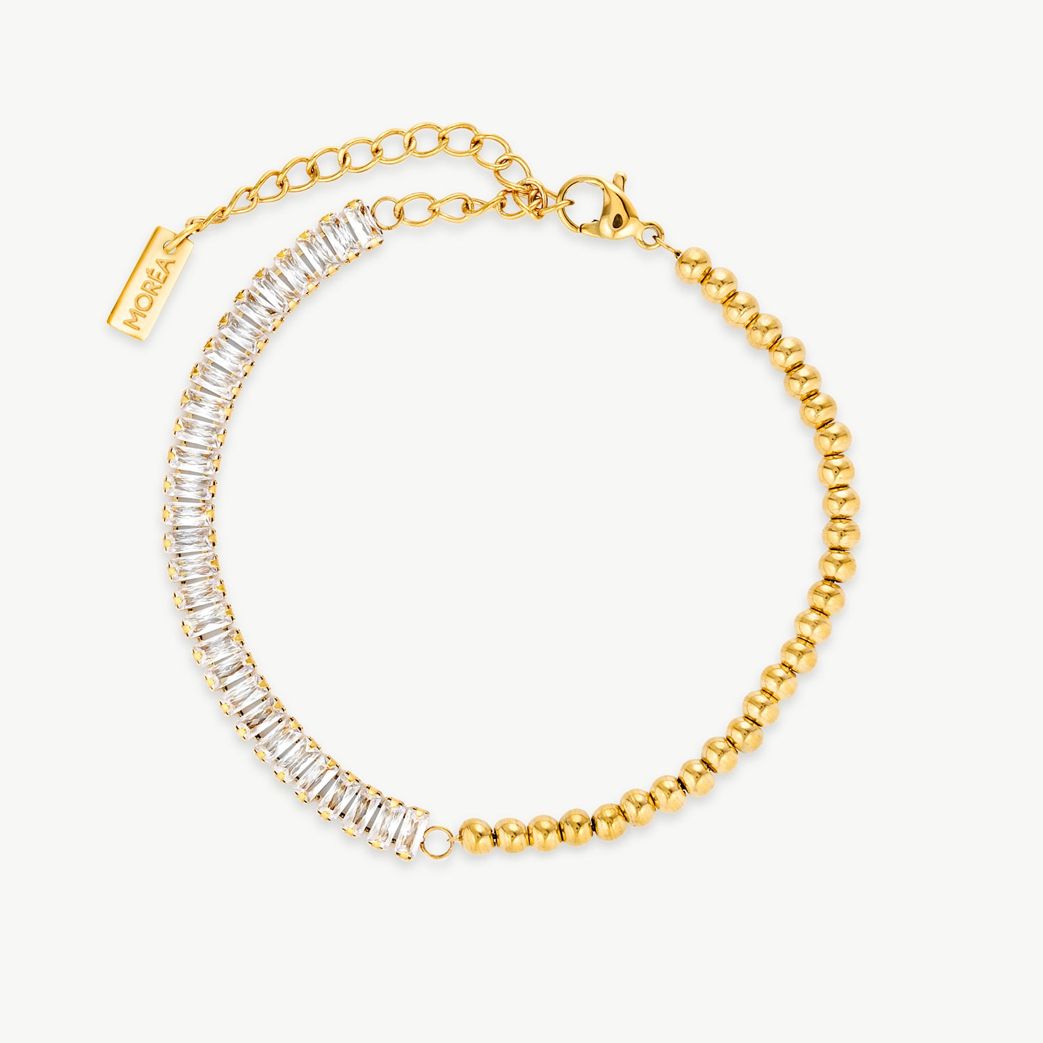 gold and cubic zirconia bracelet with baguette-cut CZ stones and polished gold bead detailing